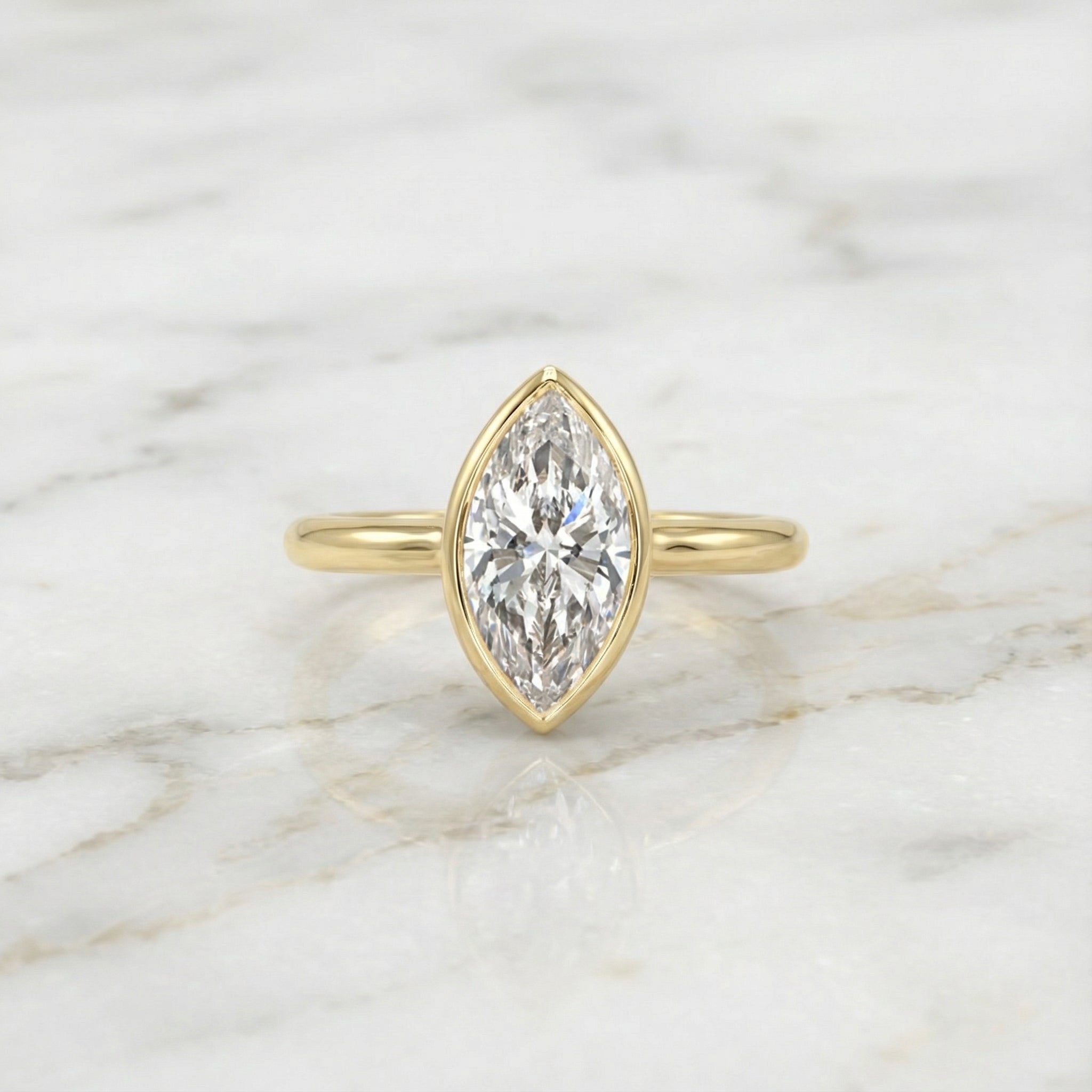 1.00 CT Lab Grown Marquise Diamond Ring: 14k Gold Bezel Solitaire