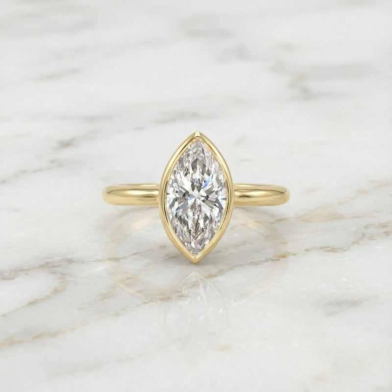 1.00 CT Lab Grown Marquise Diamond Ring: 14k Gold Bezel Solitaire