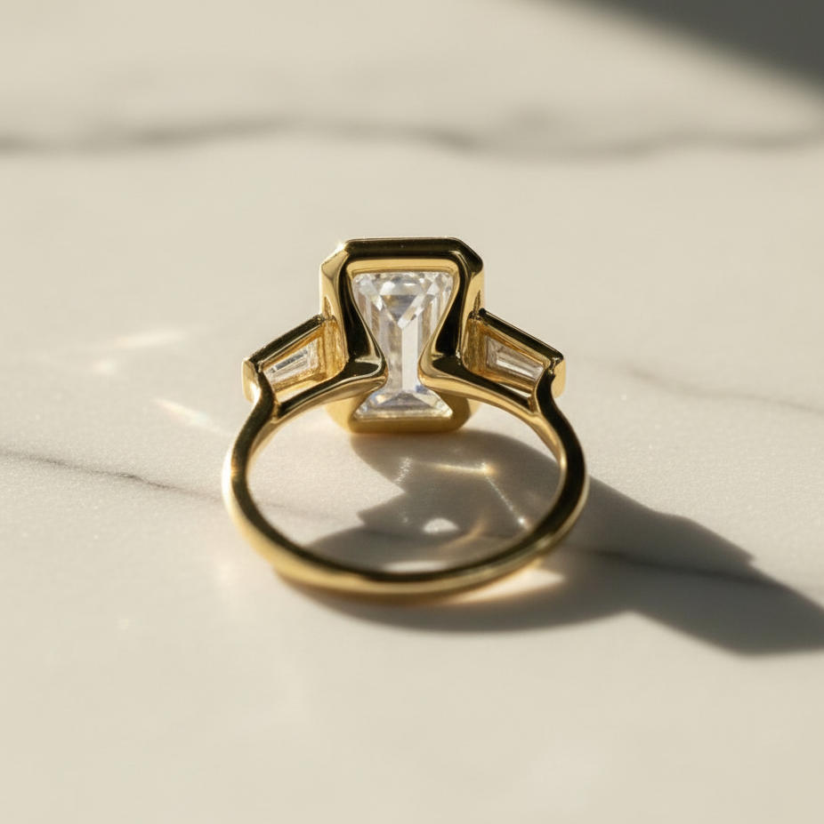 Modern Emerald and Tapered Baguette 3 Stone Bezel Engagement Ring | Lab Grown Diamond | 14K Yellow Gold