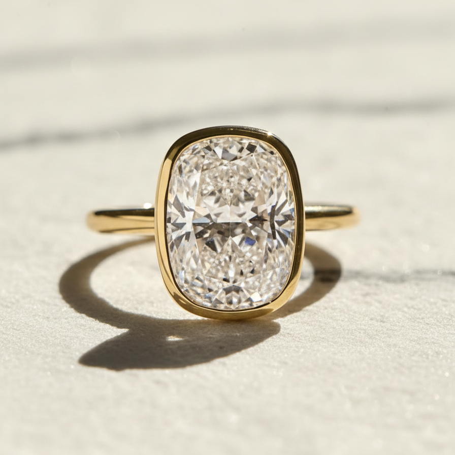 Modern Cushion Bezel Solitaire Engagement Ring | Lab Grown Diamond | 14K Yellow Gold
