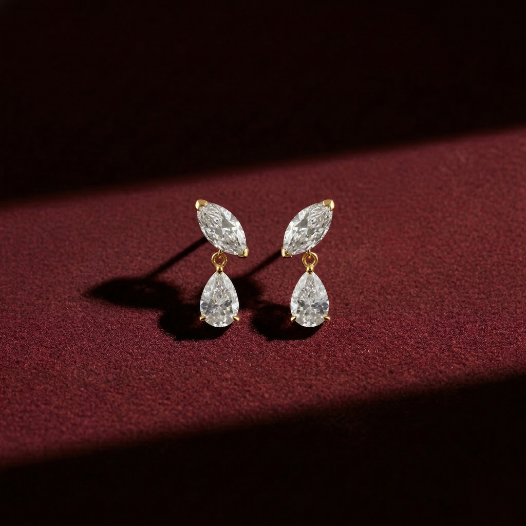 Marquise & Pear Cut Lab Grown Diamond Two Stone Earrings in Solid 14K Gold