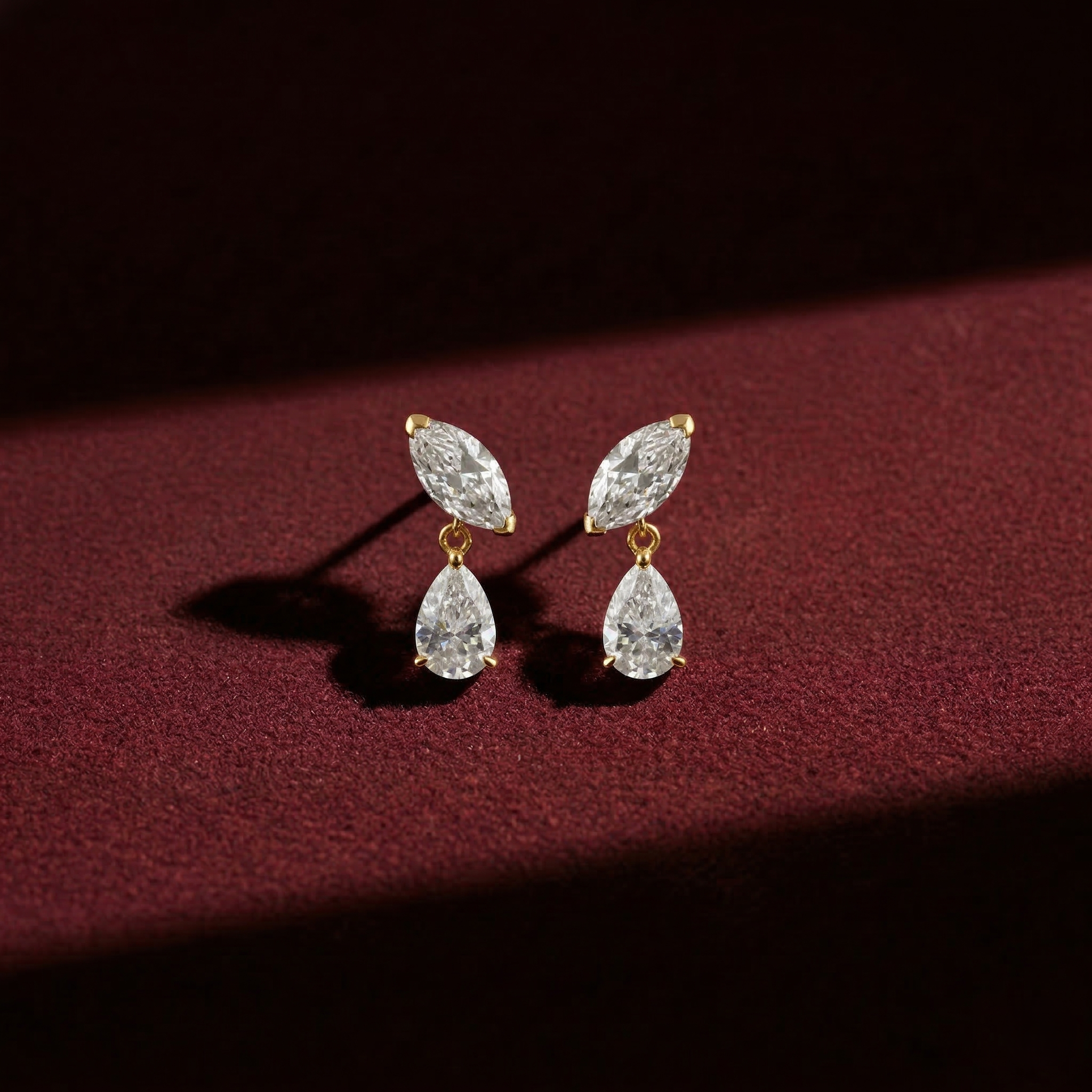 Marquise & Pear Cut Lab Grown Diamond Two Stone Earrings in Solid 14K Gold