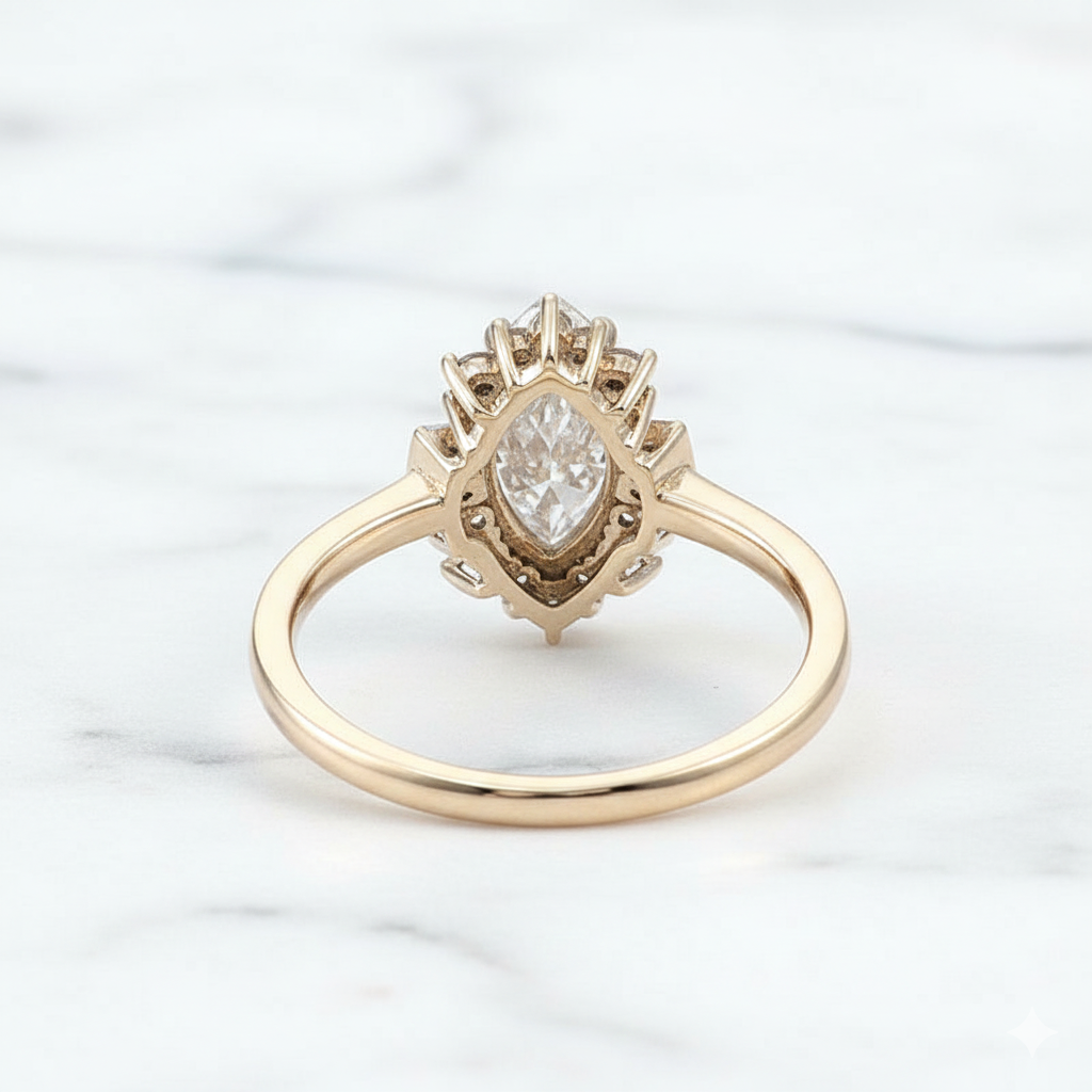 Art Deco Marquise Cut Ring with Tapered Baguette and Round Halo | Lab Grown Diamond | 14K Yellow Gold