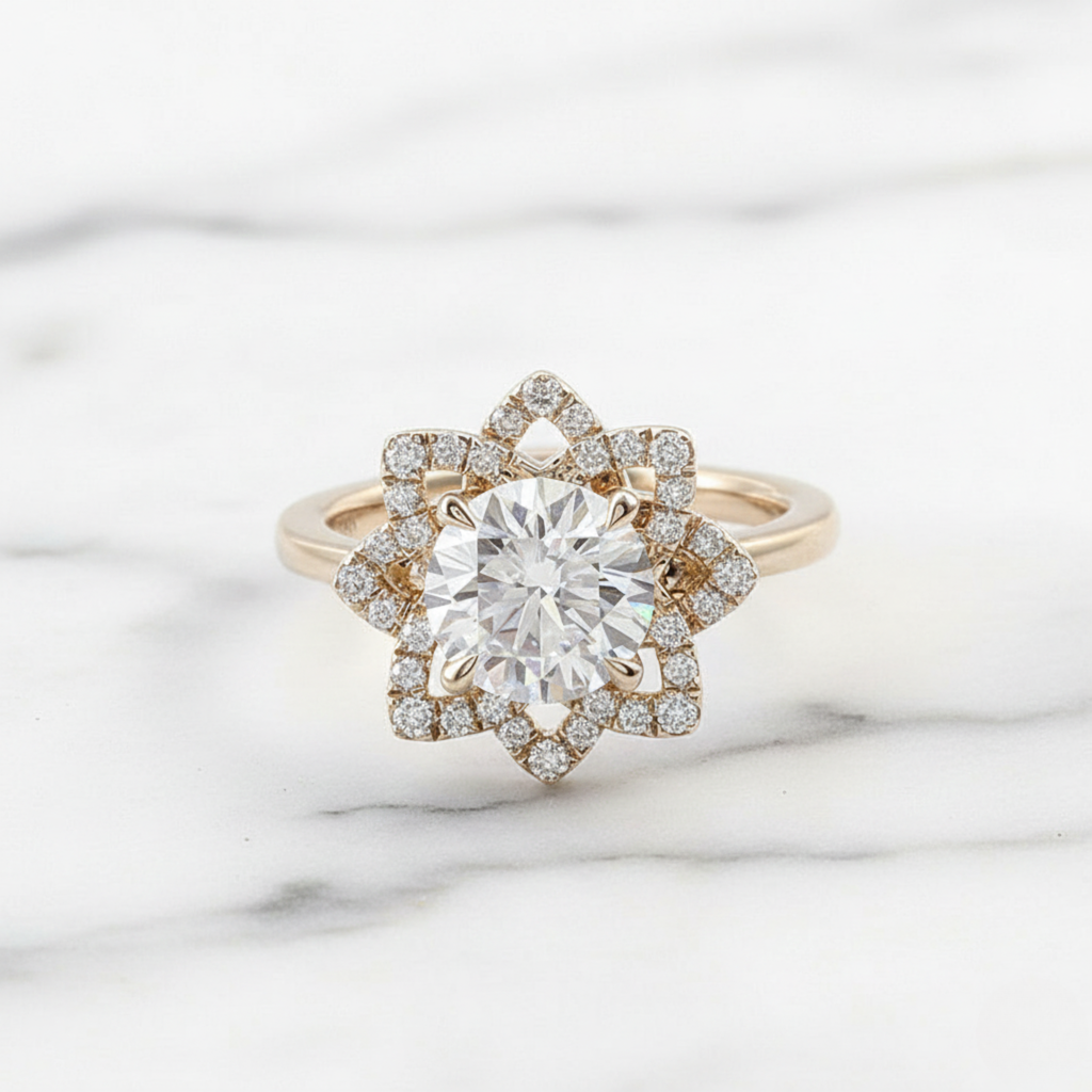 1.5ct Lab Grown Diamond Engagement Ring: 14K Gold Starburst Halo