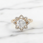 1.5ct Lab Grown Diamond Engagement Ring: 14K Gold Starburst Halo