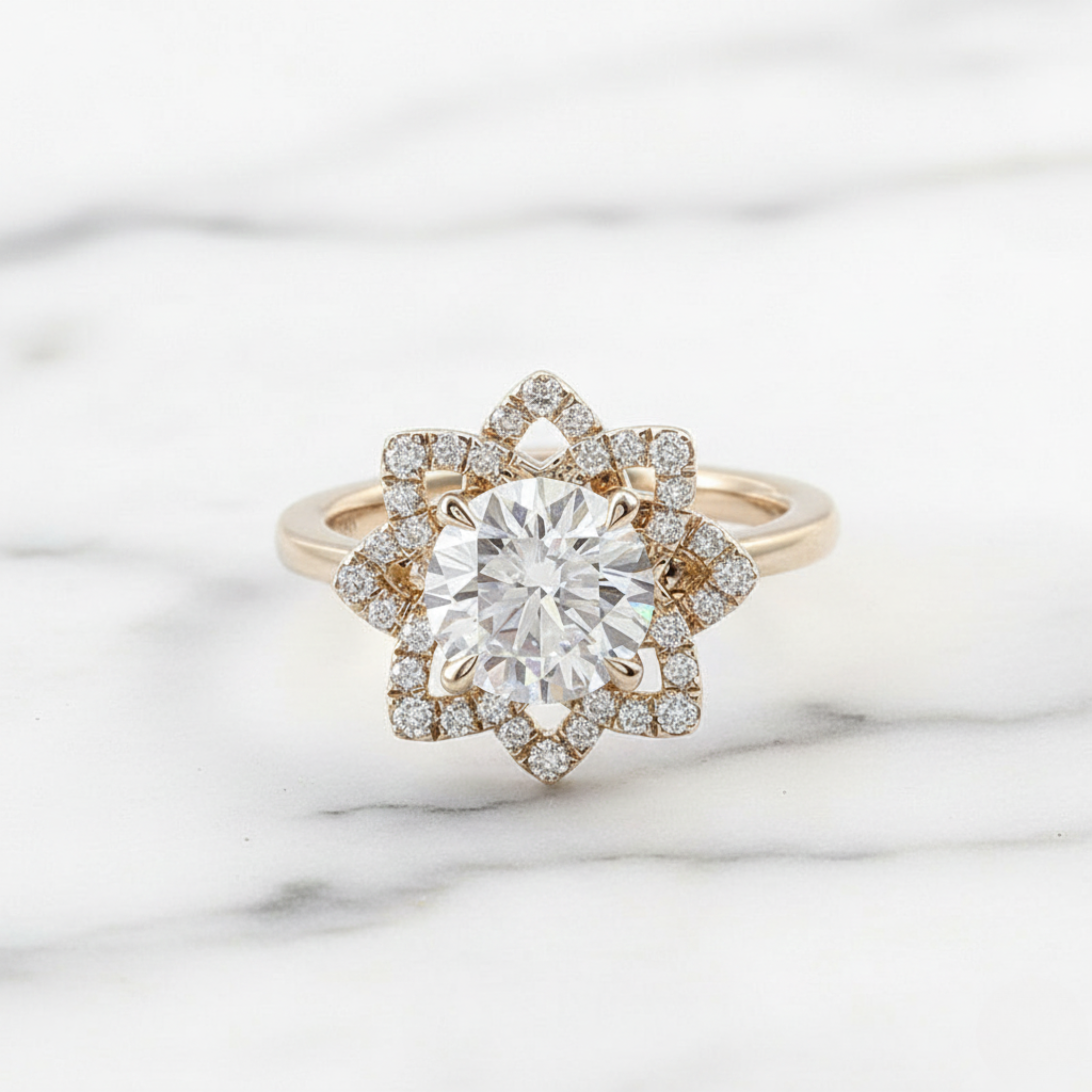 1.5ct Lab Grown Diamond Engagement Ring: 14K Gold Starburst Halo