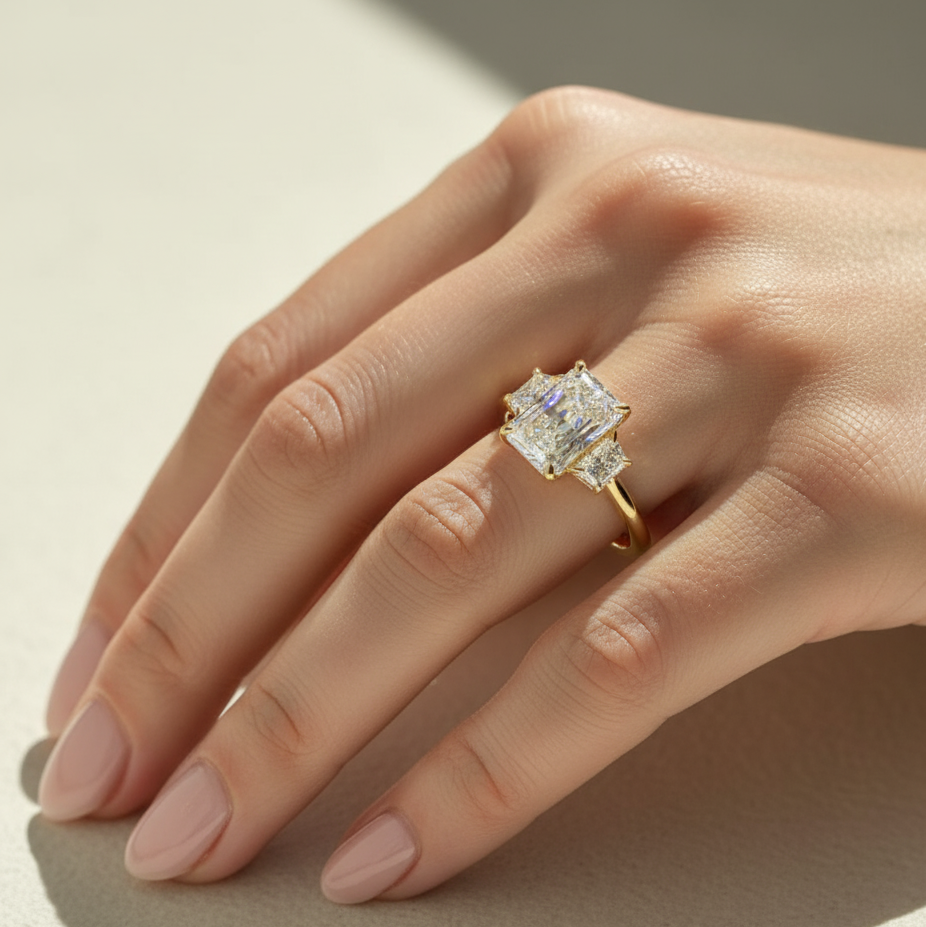 Modern Radiant 3 Stone Engagement Ring | Lab Grown Diamond | 14K Yellow Gold Fine Jewelry