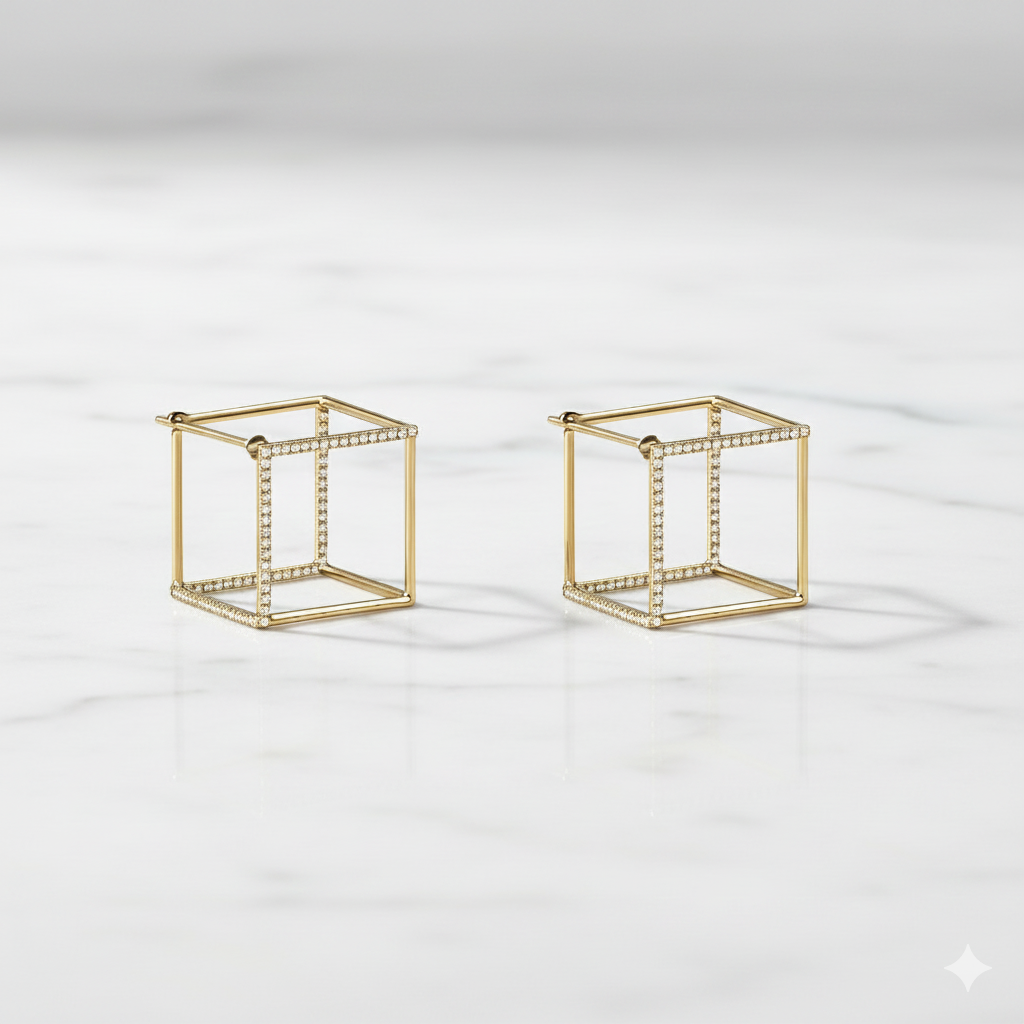 3D Geometric Cube Earrings | Lab Grown Diamond | 14K Yellow Gold Square Design