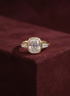 Cushion Cut Lab Grown Diamond Engagement Ring, Tapered Baguette Side Stone Ring, 14K Yellow Gold, Three Stone Diamond Ring, Proposal Ring