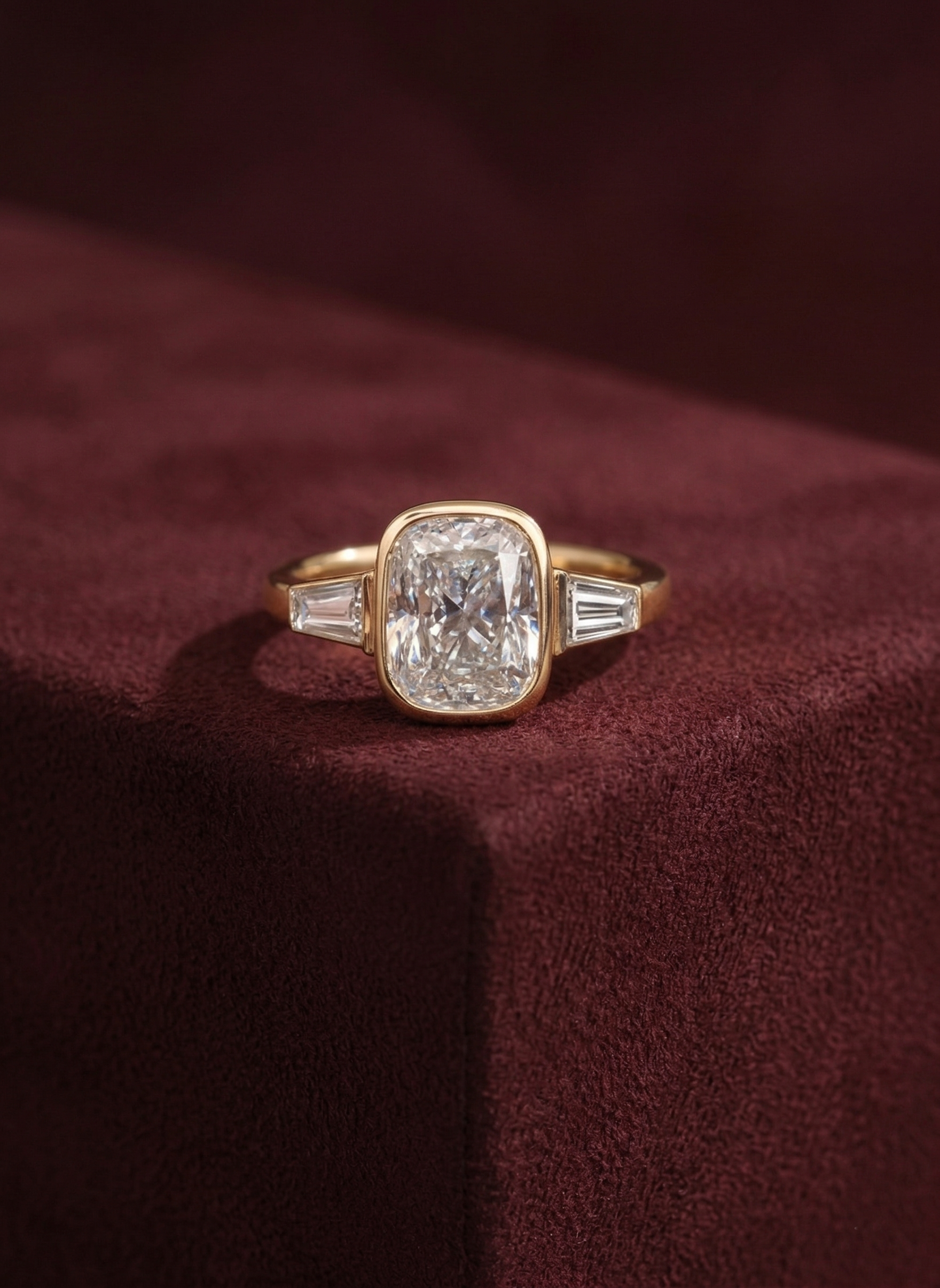Cushion Cut Lab Grown Diamond Engagement Ring, Tapered Baguette Side Stone Ring, 14K Yellow Gold, Three Stone Diamond Ring, Proposal Ring