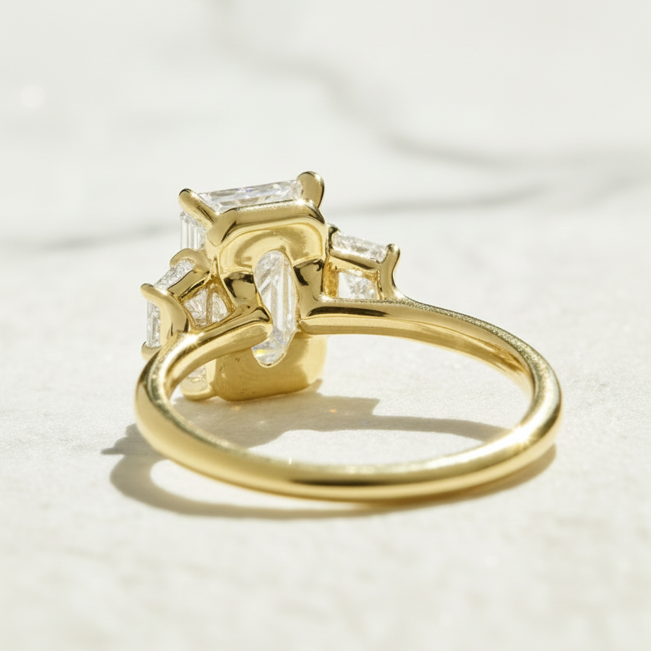 Modern Radiant 3 Stone Engagement Ring | Lab Grown Diamond | 14K Yellow Gold Fine Jewelry
