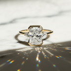 Radiant 3 Stone Engagement Ring with Pear Accent Half Bezel | Lab Grown Diamond | 14K Yellow Gold