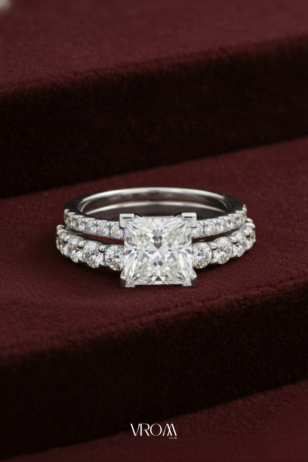 Princess Cut Diamond Stackable Ring, Two Band Diamond Ring, Lab Grown Diamond Engagement Ring, Minimal Pave Band Ring, Gold Bridal Ring