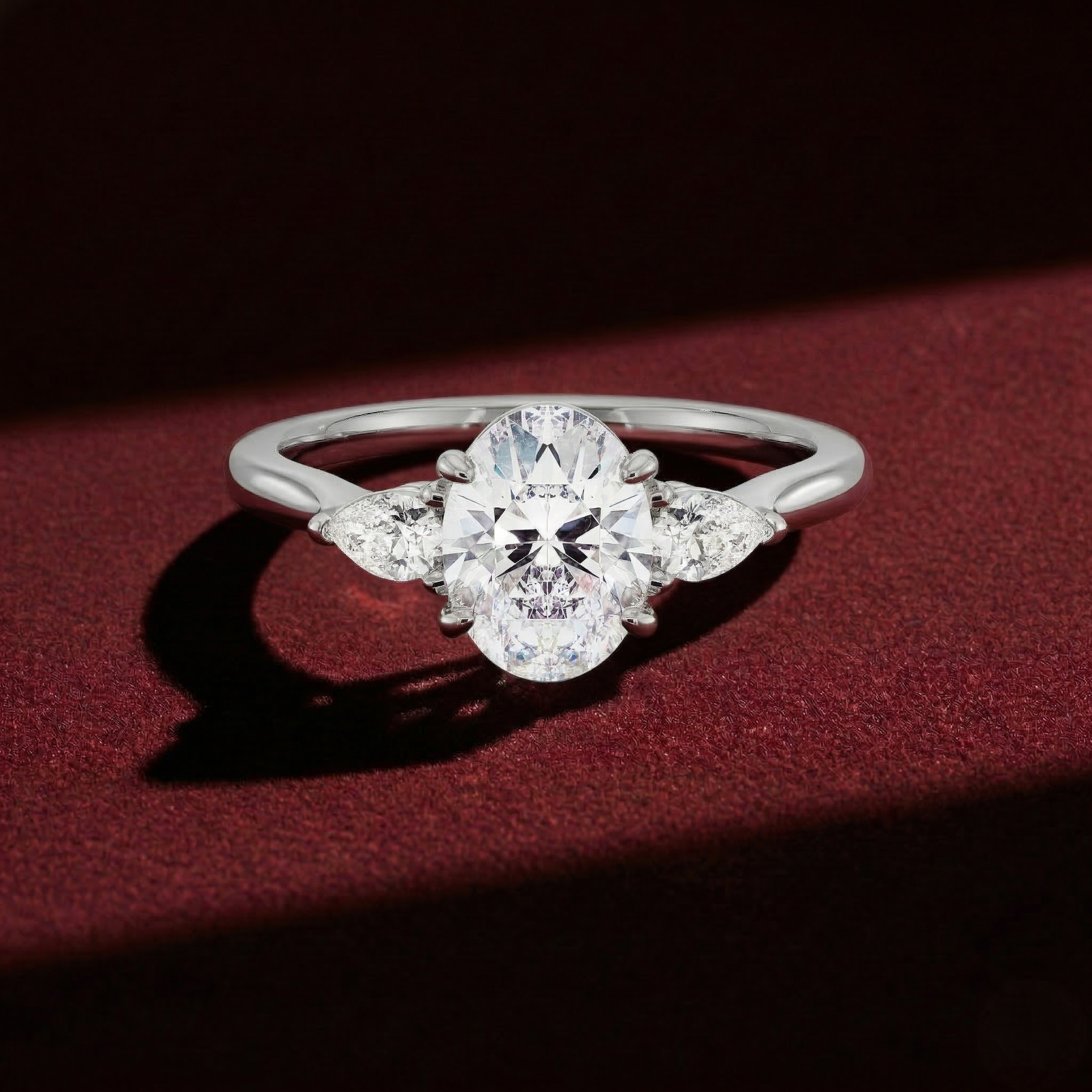 Oval Lab Grown Diamond Engagement Ring with Pear Side Stones in Solid 14K Gold