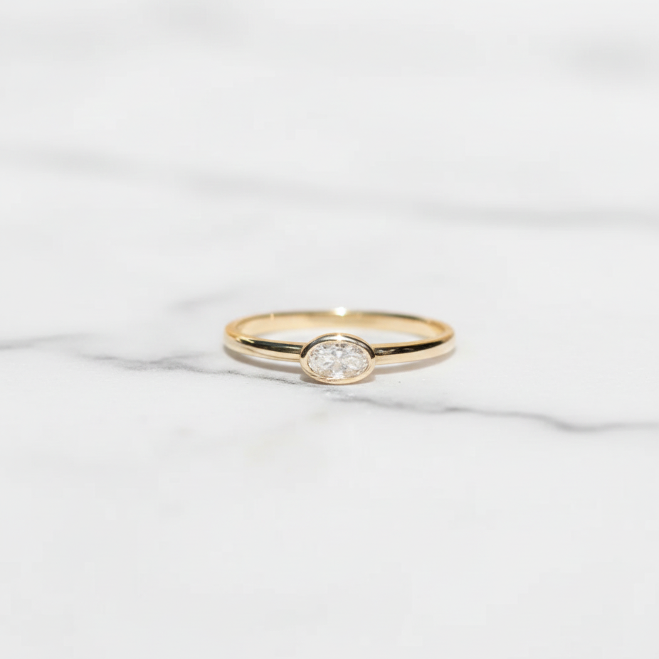 Minimalist Oval East West Bezel Set Solitaire Ring | Lab Grown Diamond | 14K Yellow Gold