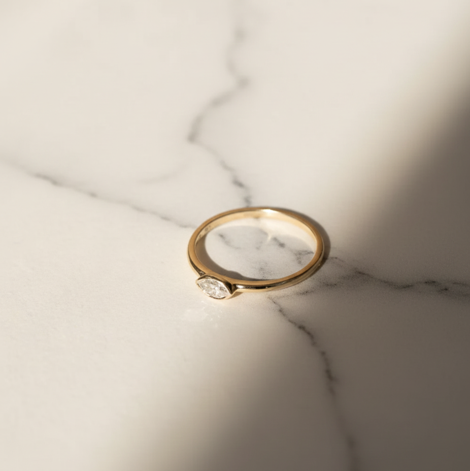 Minimalist Marquise East West Bezel Set Solitaire Ring | Lab Grown Diamond | 14K Yellow Gold