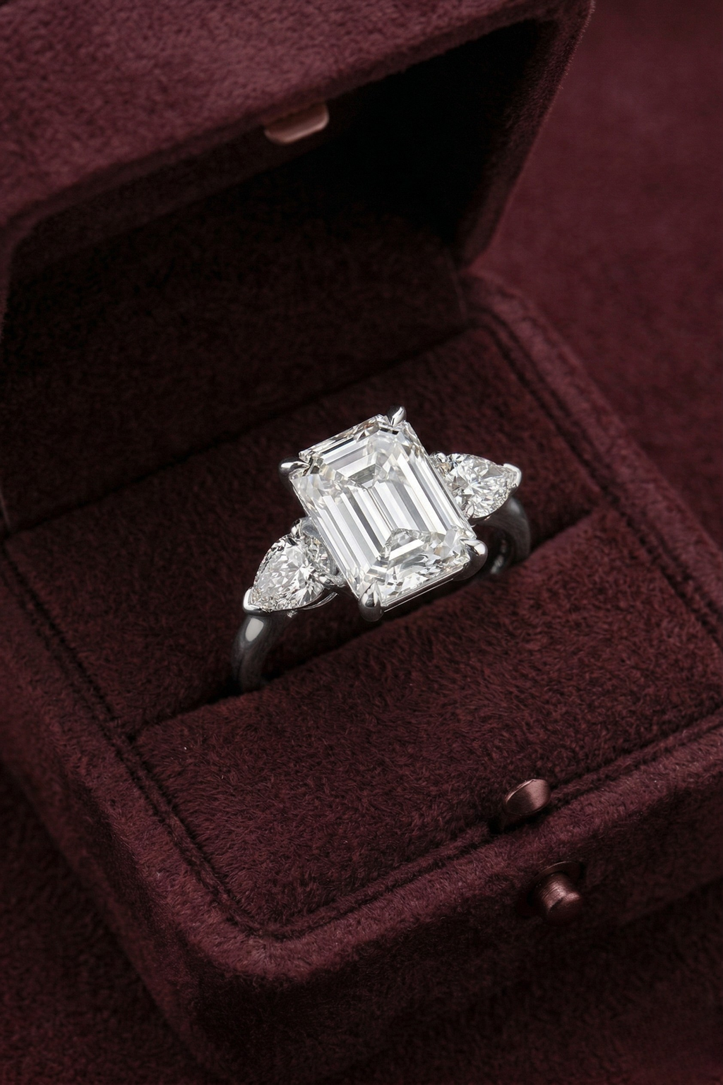 Emerald Cut Diamond Three Stone Ring, 2.05 Carat Emerald Diamond Ring with Pear Side Stones, Three Stone Engagement Ring, Gold Diamond Ring
