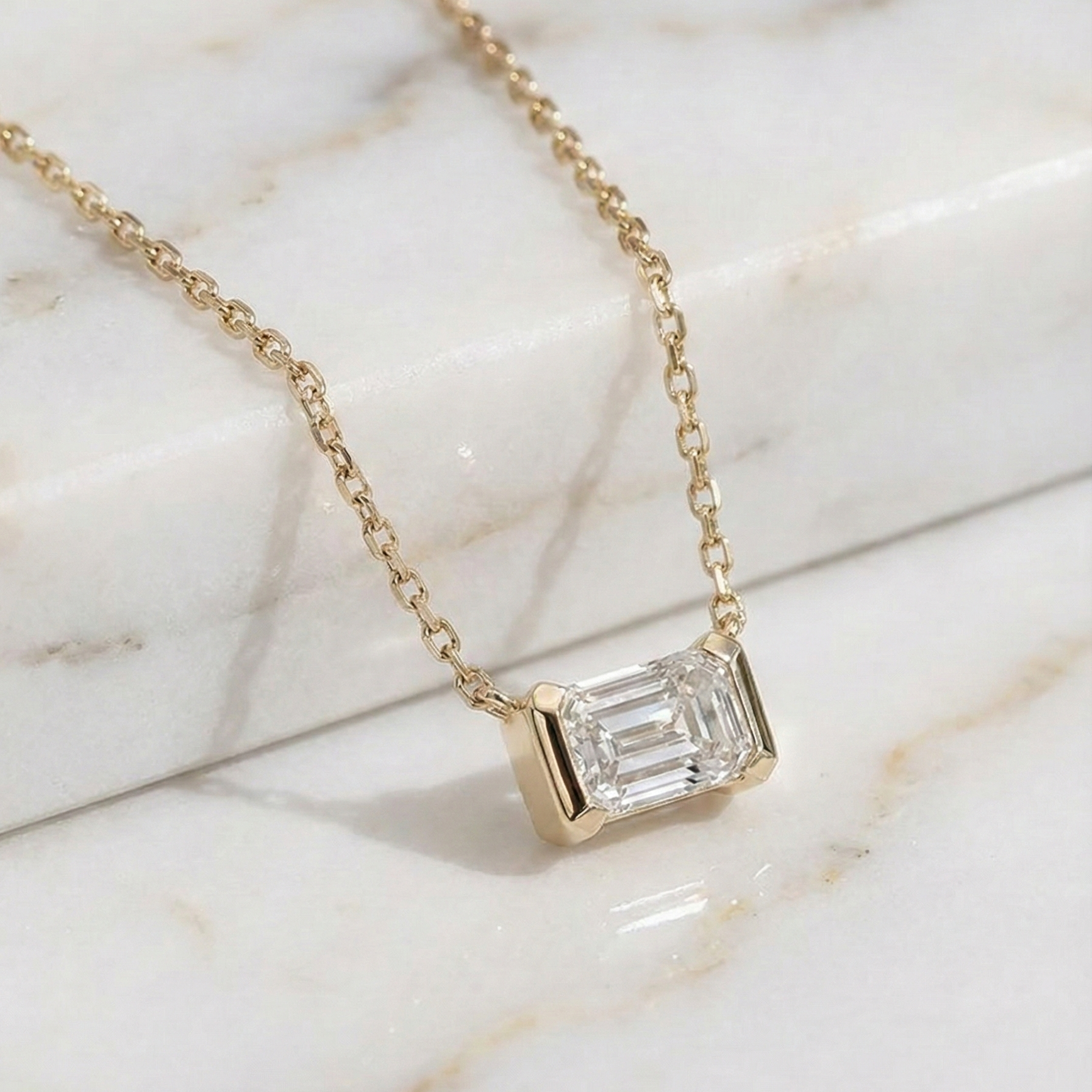 Dainty Emerald Cut Half Bezel Pendant Necklace | Lab Grown Diamond | 14K Yellow Gold