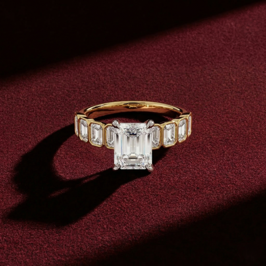 Emerald Cut Lab Grown Diamond Bridal Engagement Ring in Solid 14K Gold