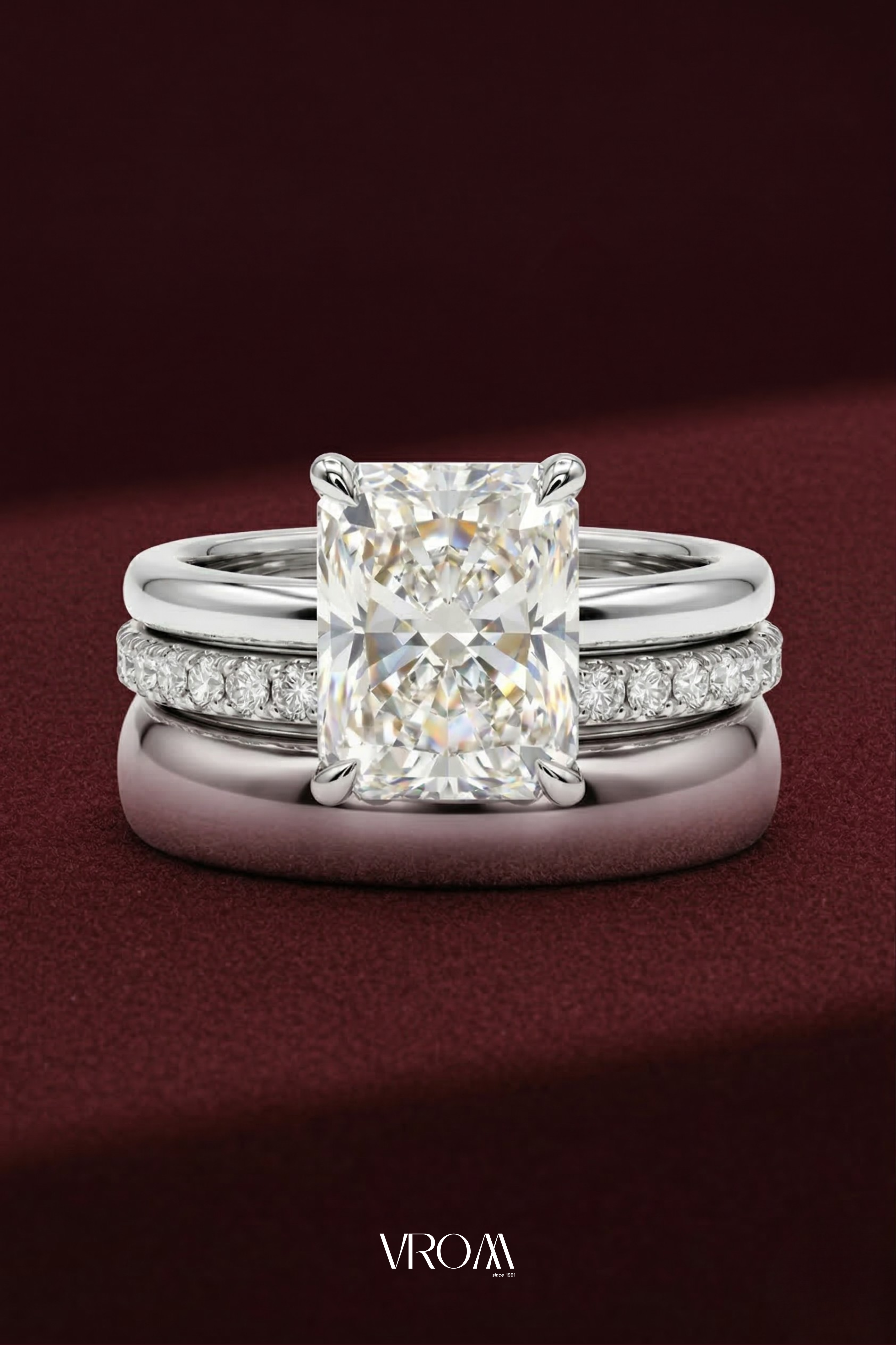 Radiant Diamond Stackable Ring, Mixed Metal Engagement Ring, Three Band Diamond Ring, Lab Grown Diamond Ring, White and Yellow Gold Ring