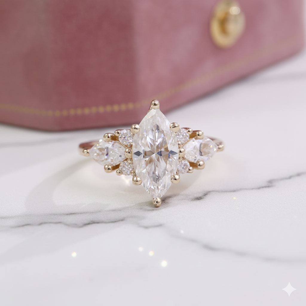 Modern Marquise Solitaire Ring with Side Accent Diamonds | Lab Grown Diamond | 14K Yellow Gold