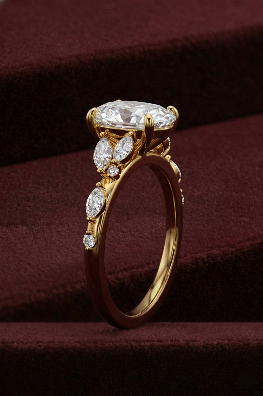 Oval Diamond Engagement Ring, Oval Cut Diamond Ring with Marquise & Round Side Diamonds, Diamond Accent Ring, Gold Diamond Ring