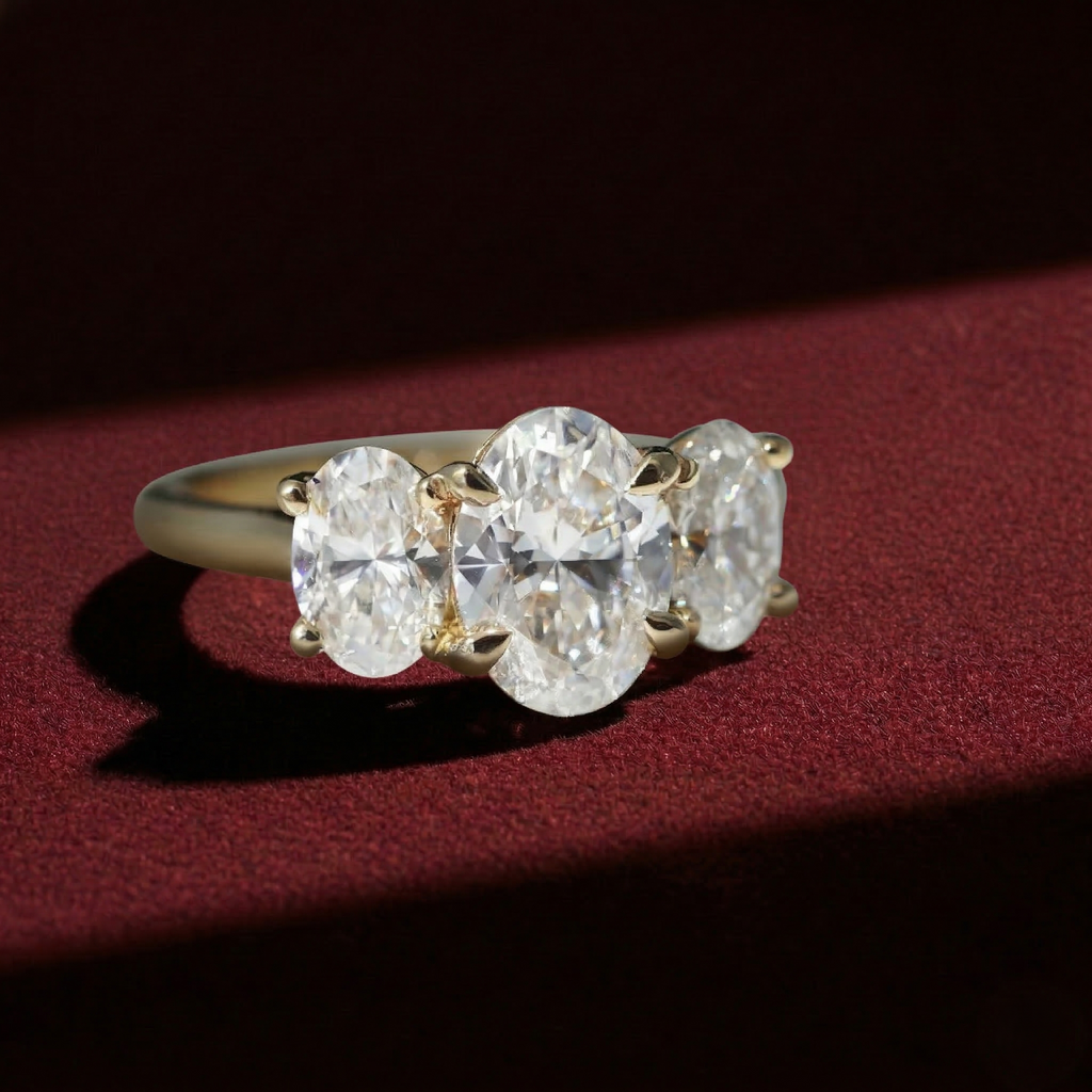 Three Stone Oval Engagement Ring | Lab Grown Diamond | 14K Yellow Gold Classic Bridal Ring