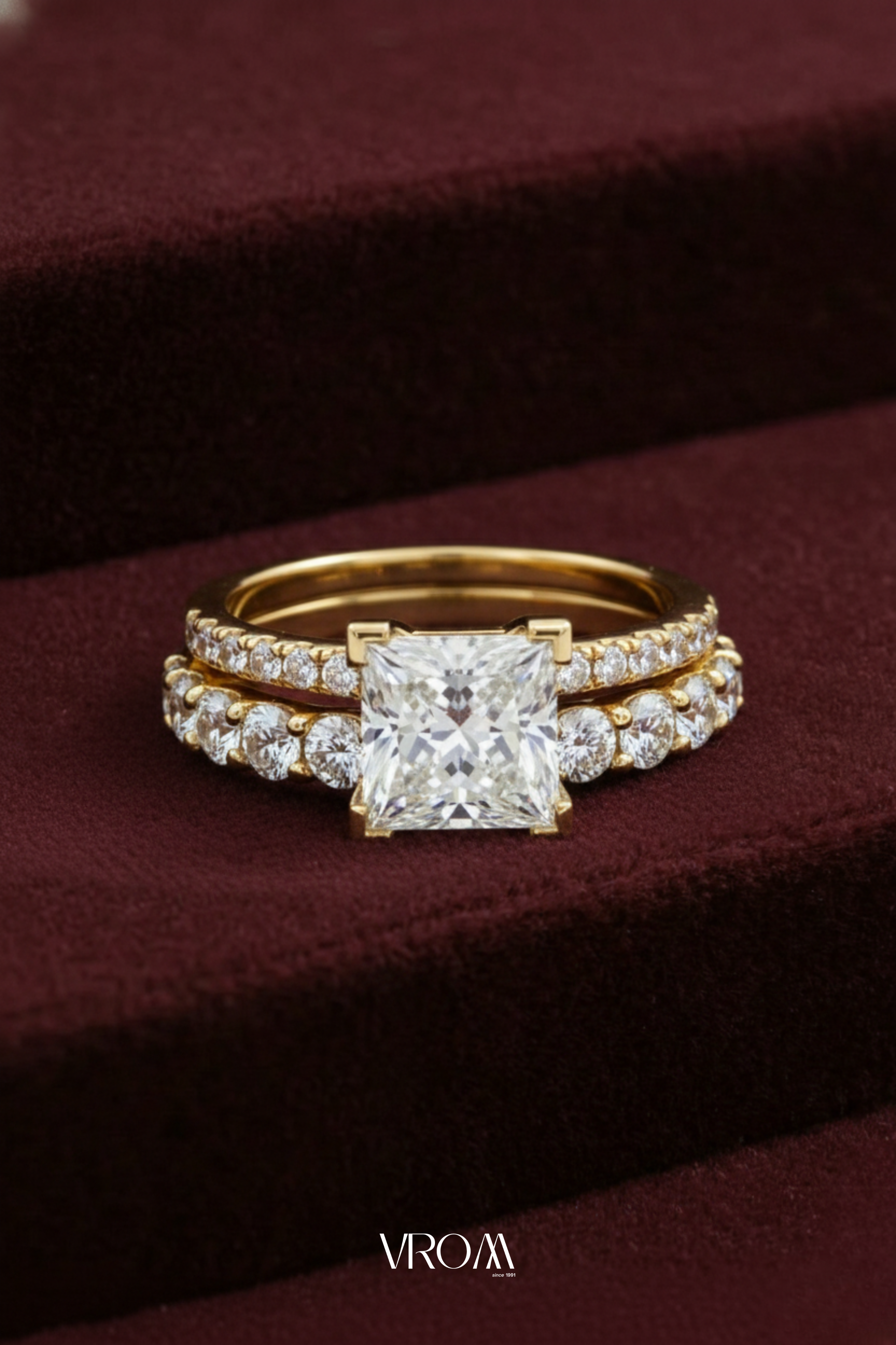 Princess Cut Diamond Stackable Ring, Two Band Diamond Ring, Lab Grown Diamond Engagement Ring, Minimal Pave Band Ring, Gold Bridal Ring