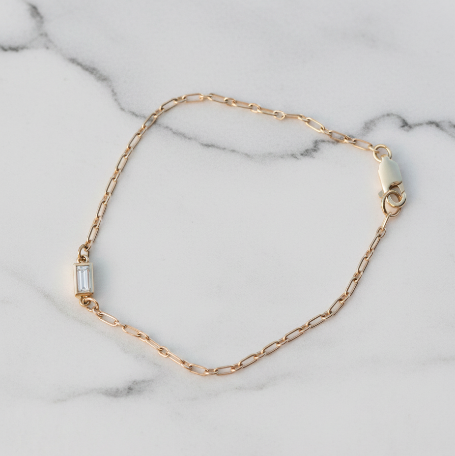 Minimalist Baguette Diamond Bracelet | Lab Grown Diamond | 14K Yellow Gold Cable Chain