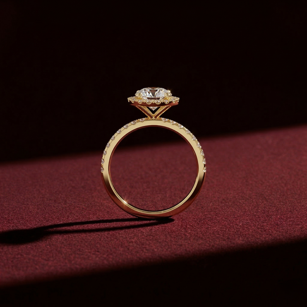 Round Shape Lab Grown Diamond Halo Engagement Ring in Solid 14K Gold