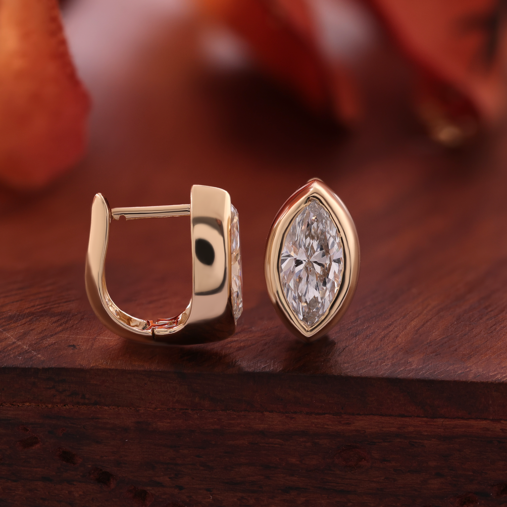 Marquise Stud Earrings Bezel Setting | Lab Grown Diamond | 14K Yellow Gold Fine Jewelry