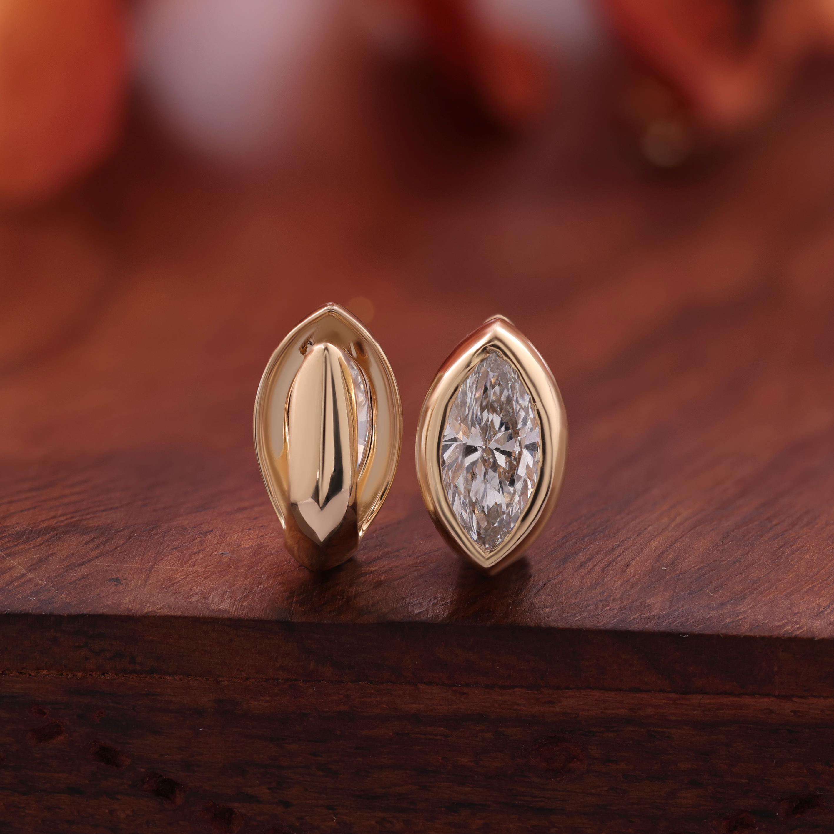 Marquise Stud Earrings Bezel Setting | Lab Grown Diamond | 14K Yellow Gold Fine Jewelry