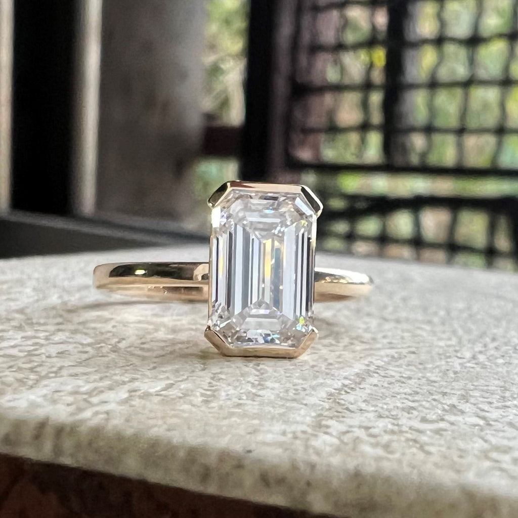 Elegant Half Bezel Emerald Solitaire Engagement Ring | Lab Grown Diamond | 14K Yellow Gold Everyday Ring
