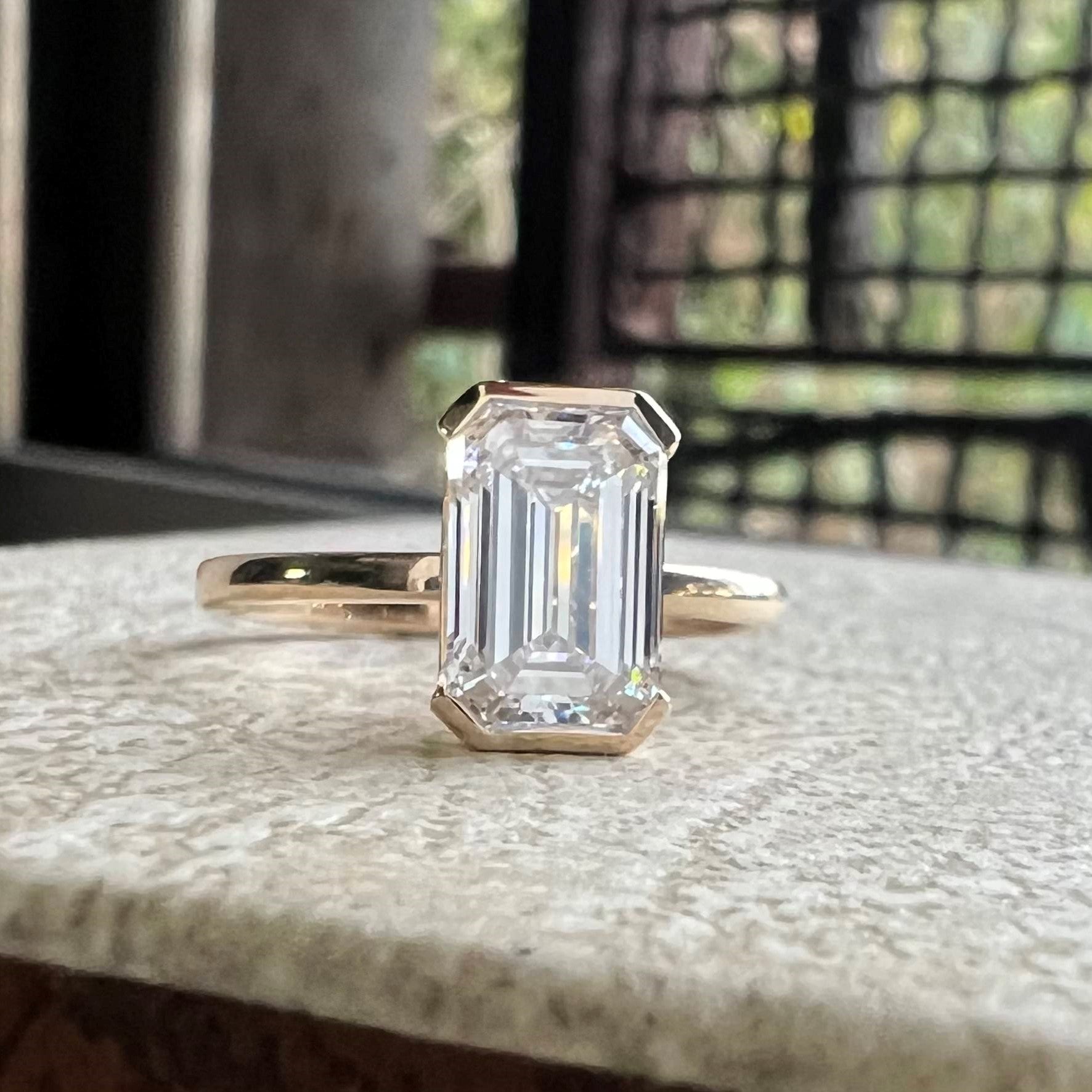 Elegant Half Bezel Emerald Solitaire Engagement Ring | Lab Grown Diamond | 14K Yellow Gold Everyday Ring