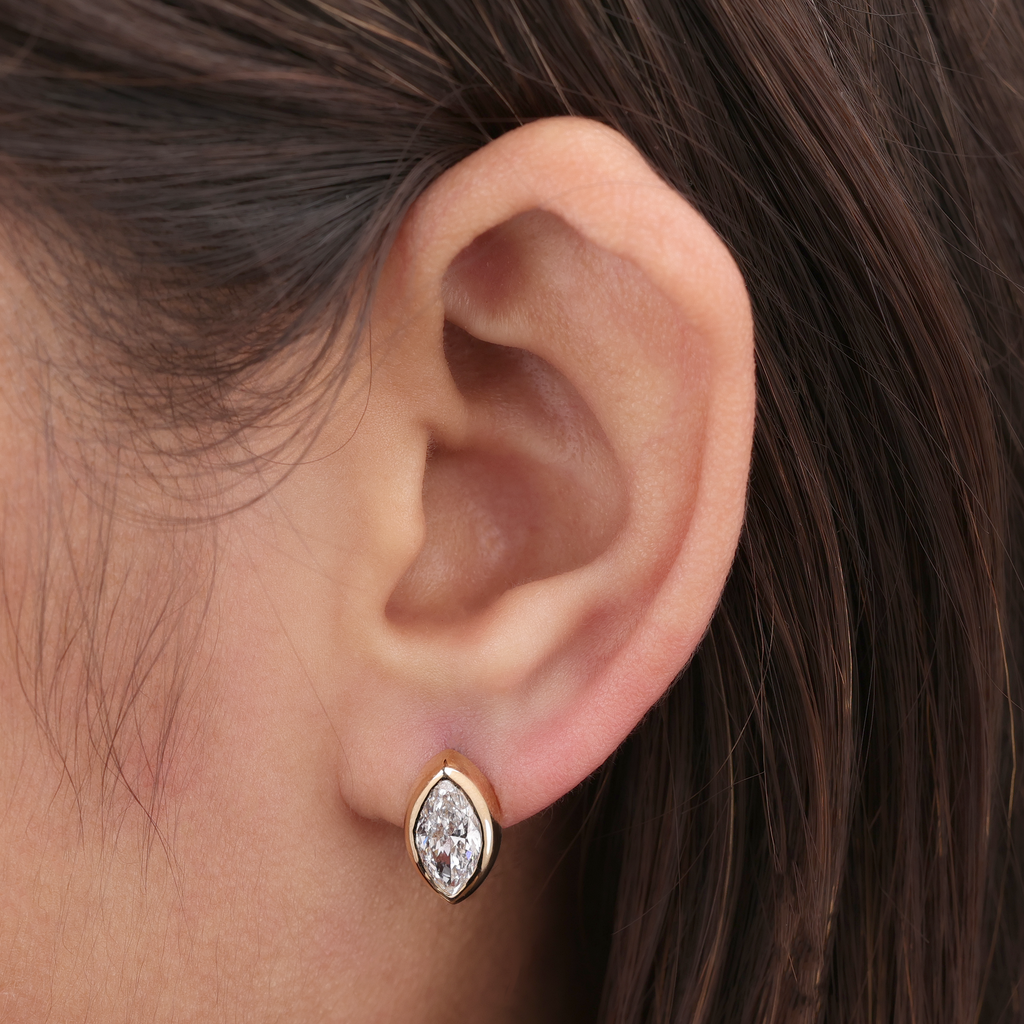 Marquise Stud Earrings Bezel Setting | Lab Grown Diamond | 14K Yellow Gold Fine Jewelry