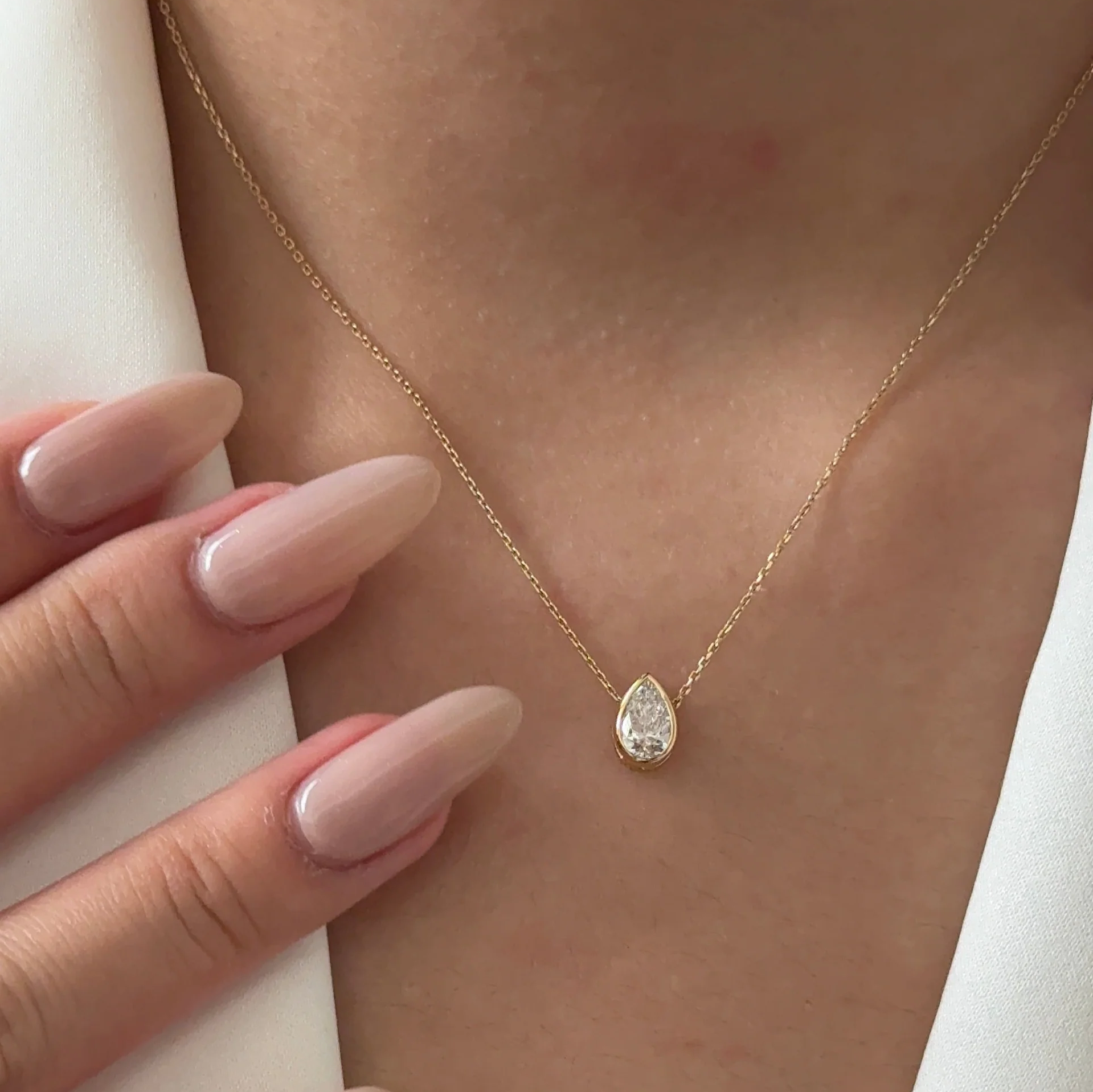 Bezel Set Pear Cut Pendant Necklace | Lab Grown Diamond | 14K Yellow Gold minimalist
