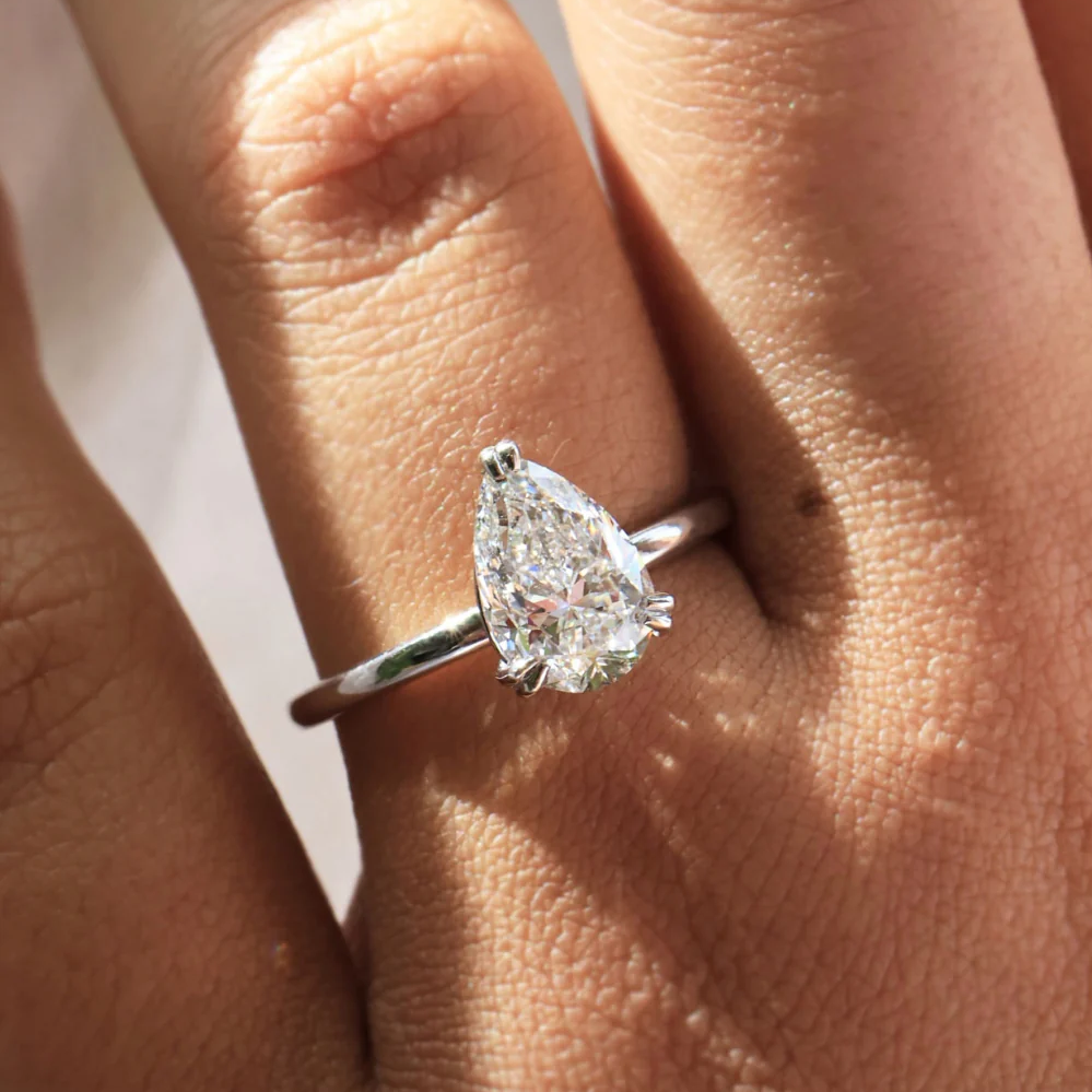 Pear Cut Lab Grown Diamond Solitaire Engagement Ring in Solid 14K Gold
