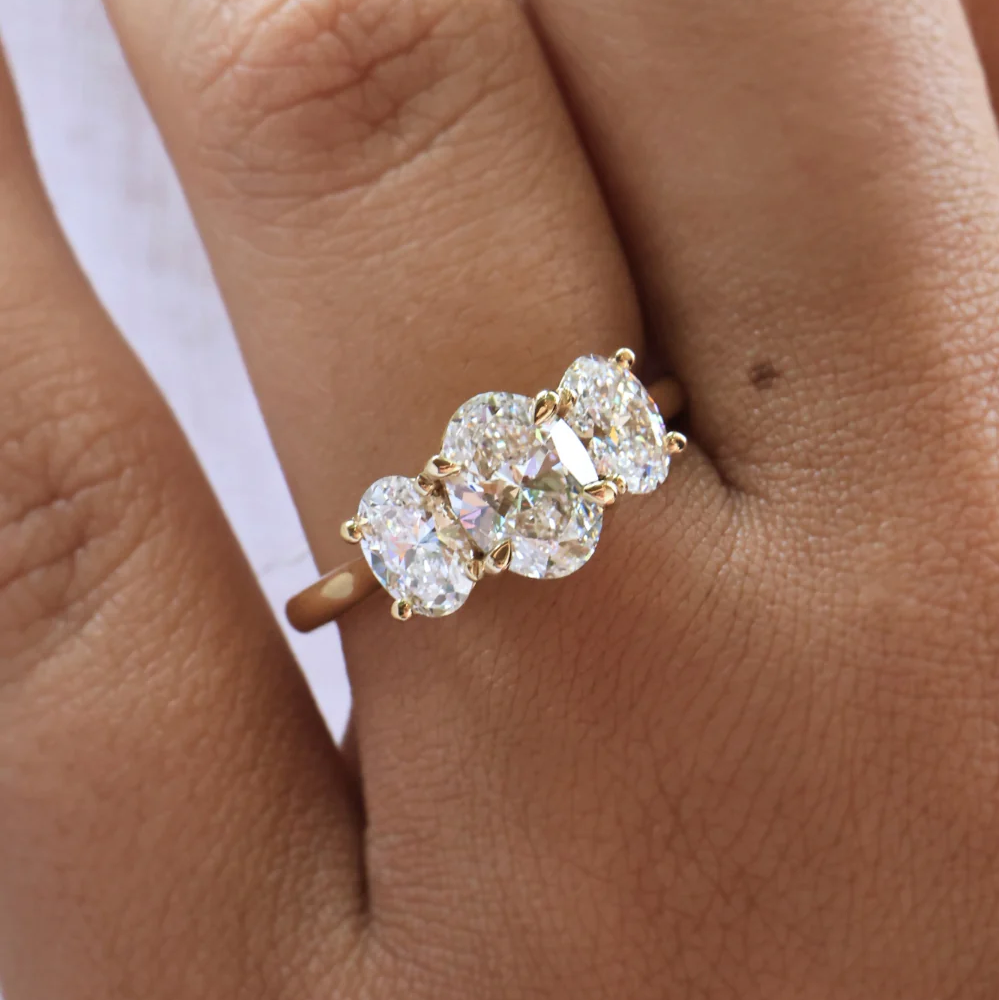 Three Stone Oval Engagement Ring | Lab Grown Diamond | 14K Yellow Gold Classic Bridal Ring