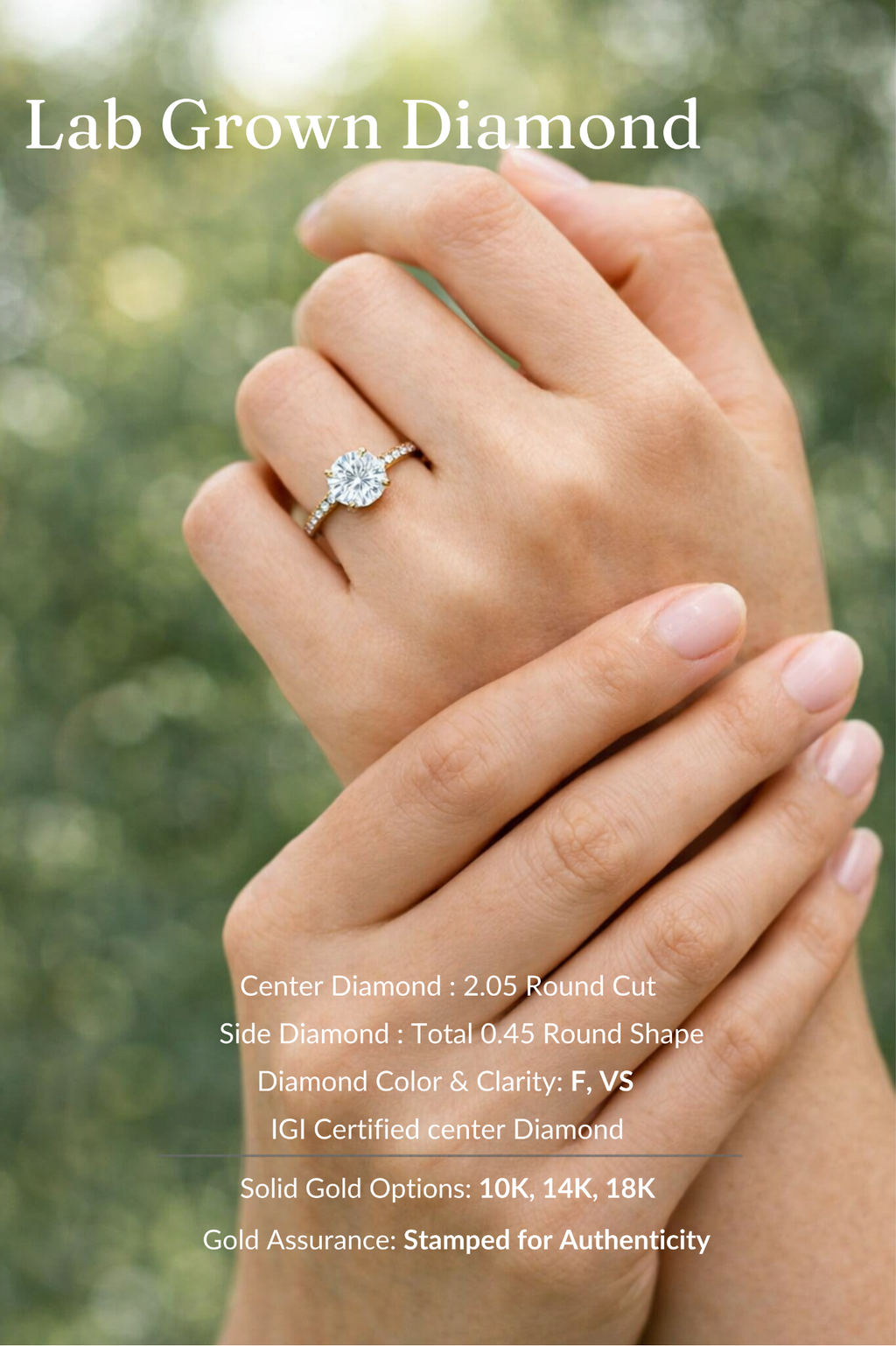 Round Diamond Engagement Ring 2.05 Carat, Pave Diamond Ring, Round Diamond Ring with Side Stones,Gold Engagement Ring,Lab Grown Diamond Ring