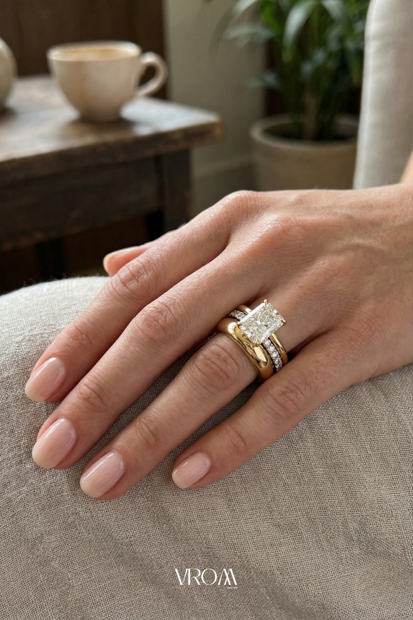 Radiant Diamond Stackable Ring, Mixed Metal Engagement Ring, Three Band Diamond Ring, Lab Grown Diamond Ring, White and Yellow Gold Ring