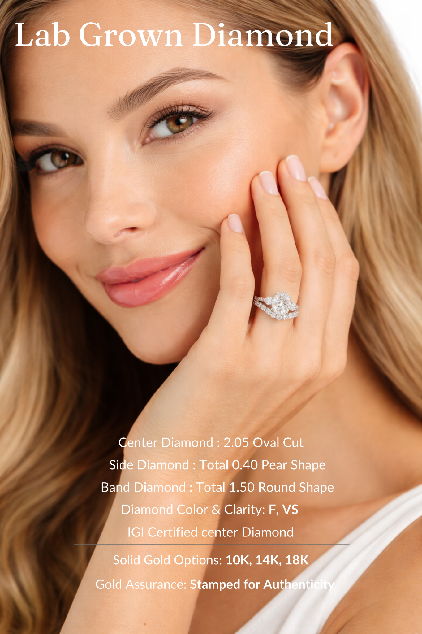 Oval Diamond Engagement Ring Set 2.05 Carat, Stackable Bridal Ring Set, Oval Ring with Pear Side Diamonds, Diamond Wedding Band Set