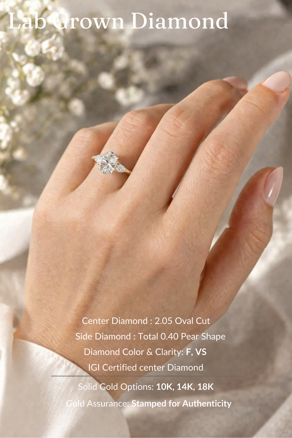 Oval Diamond Engagement Ring 2.05 Carat, Three Stone Diamond Ring, Oval Diamond Ring with Pear Side Stones, Gold Engagement Ring,Bridal Ring