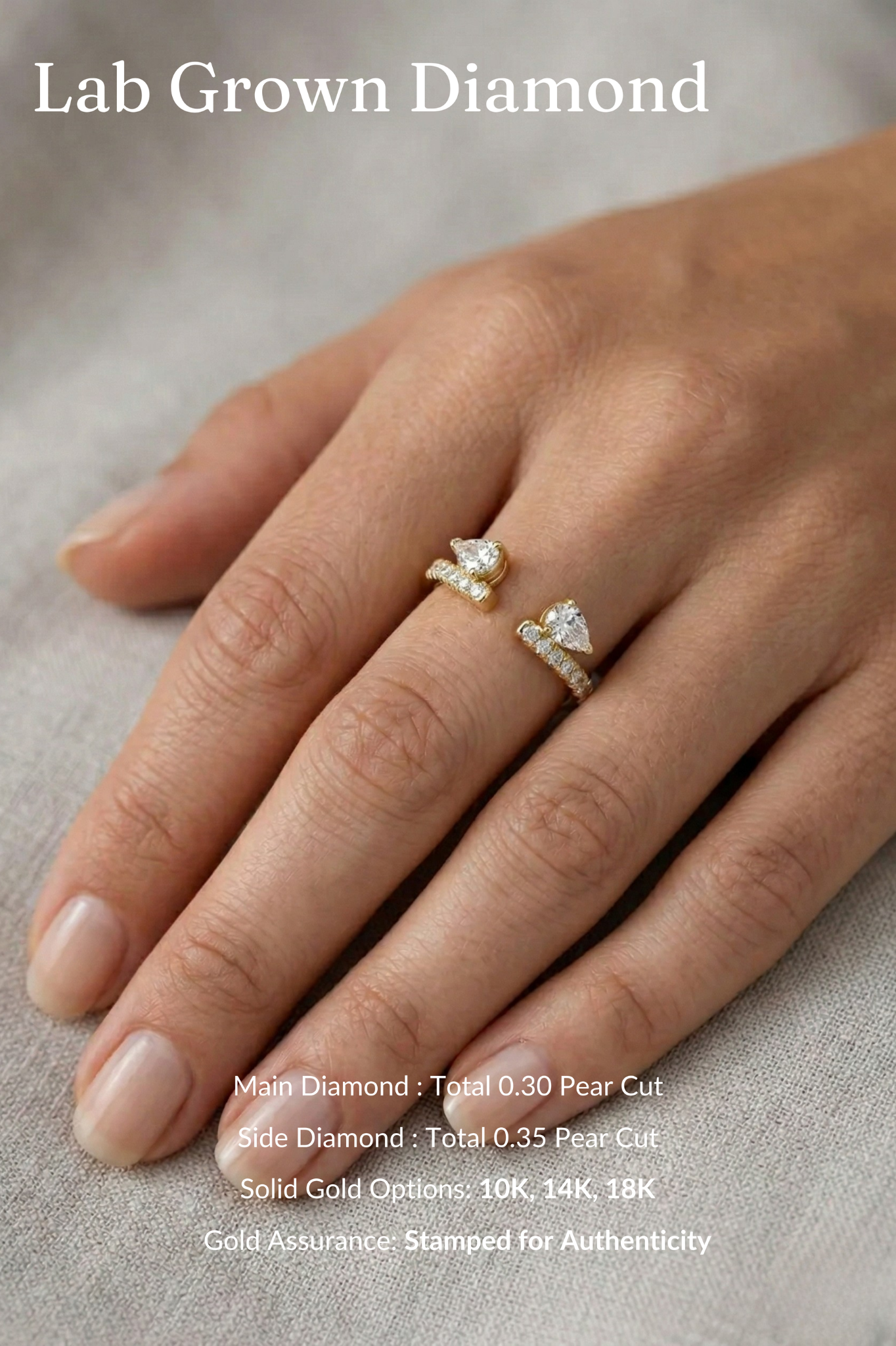 Open Cuff Diamond Band, Pear Diamond Open Ring, Pear and Round Diamond Band, Stackable Gold Diamond Ring, Minimalist Open Ring
