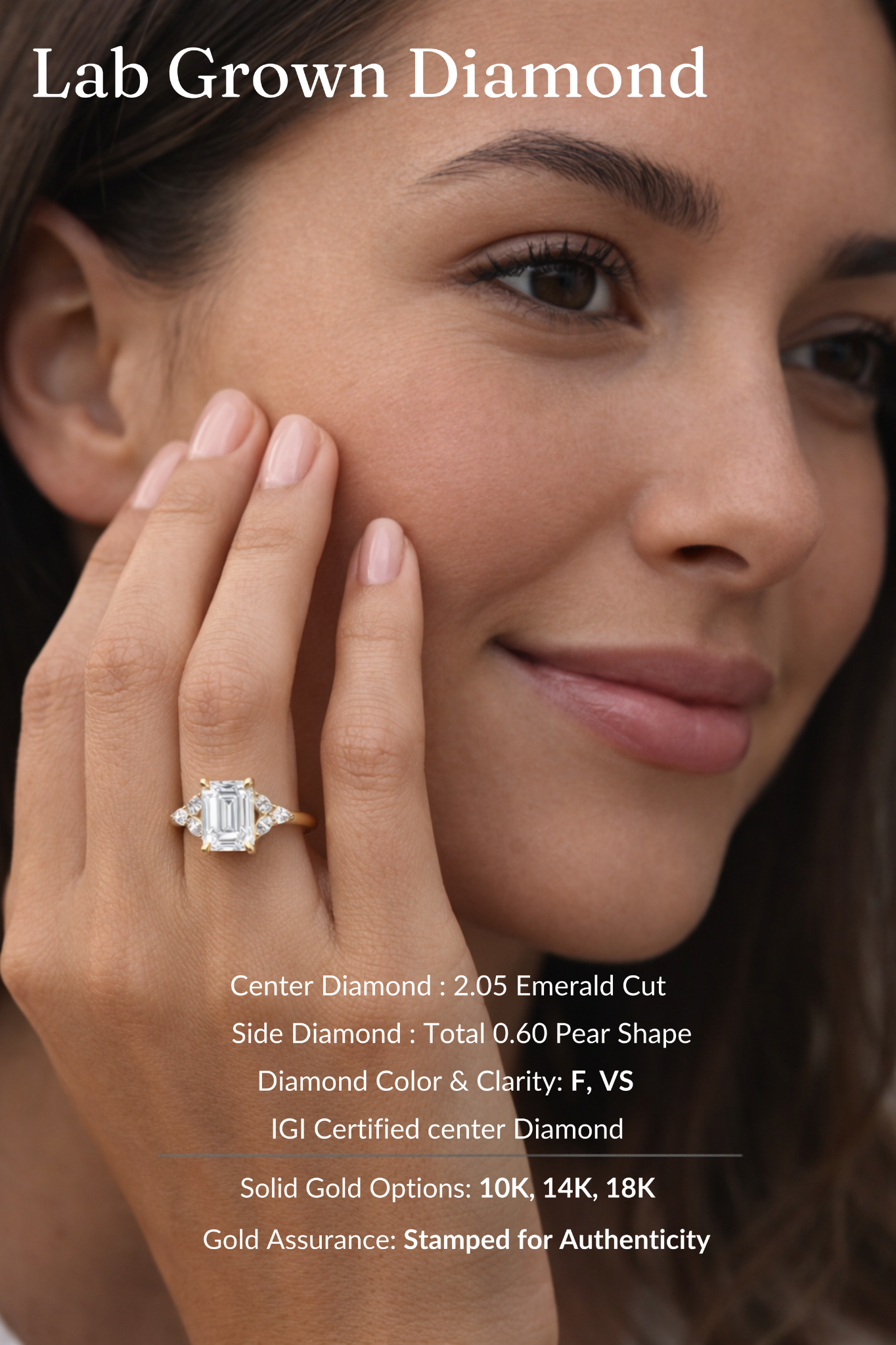 Emerald Diamond Engagement Ring 2.05 Carat, Emerald Cut Diamond Ring with Pear Side Diamonds, Gold Engagement Ring, Lab Diamond Ring