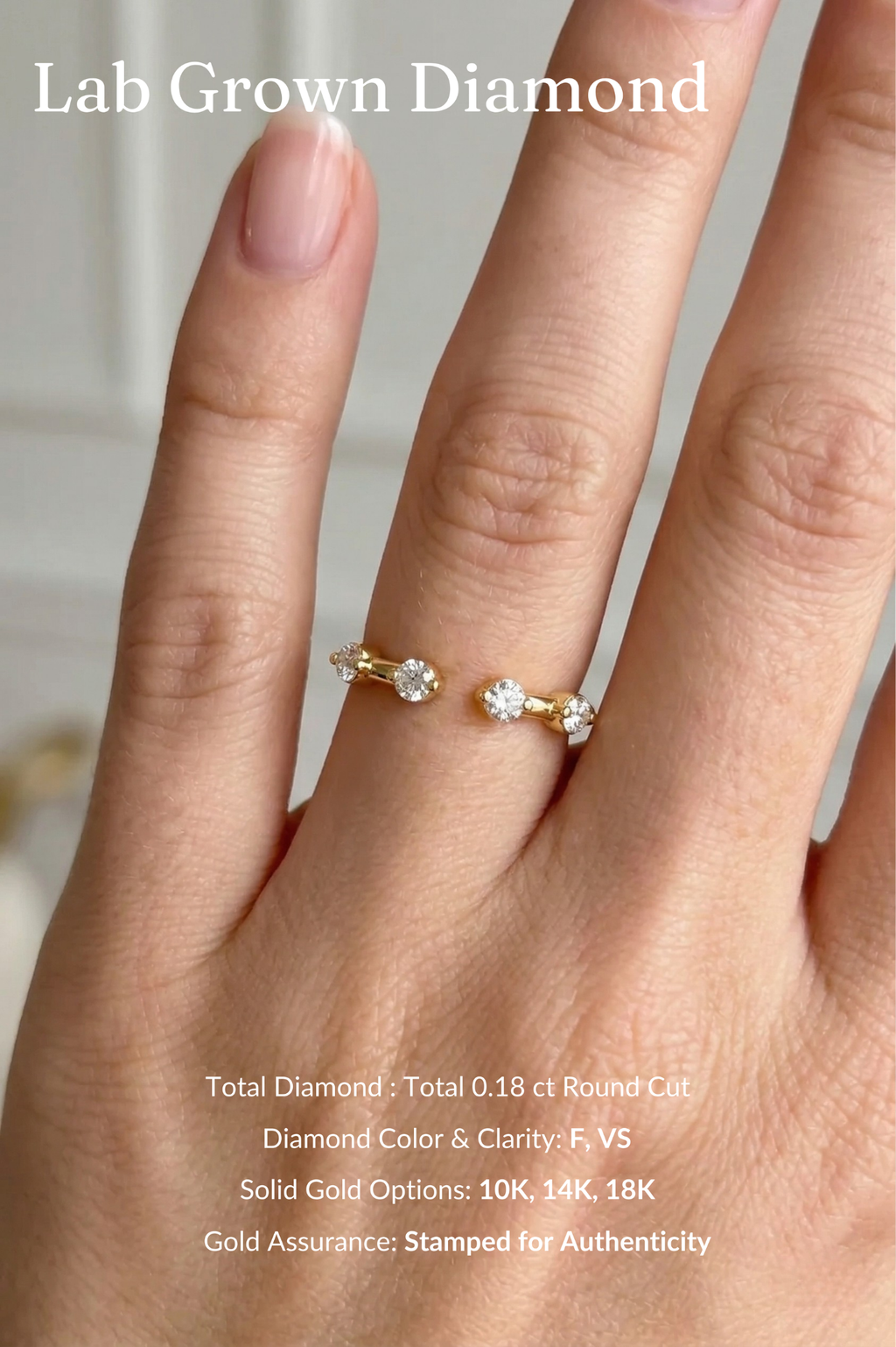 Open Cuff Diamond Band 0.18 CT, Dewdrop Diamond Ring, Minimalist Open Ring, Round Diamond Stackable Band, Dainty Gold Ring
