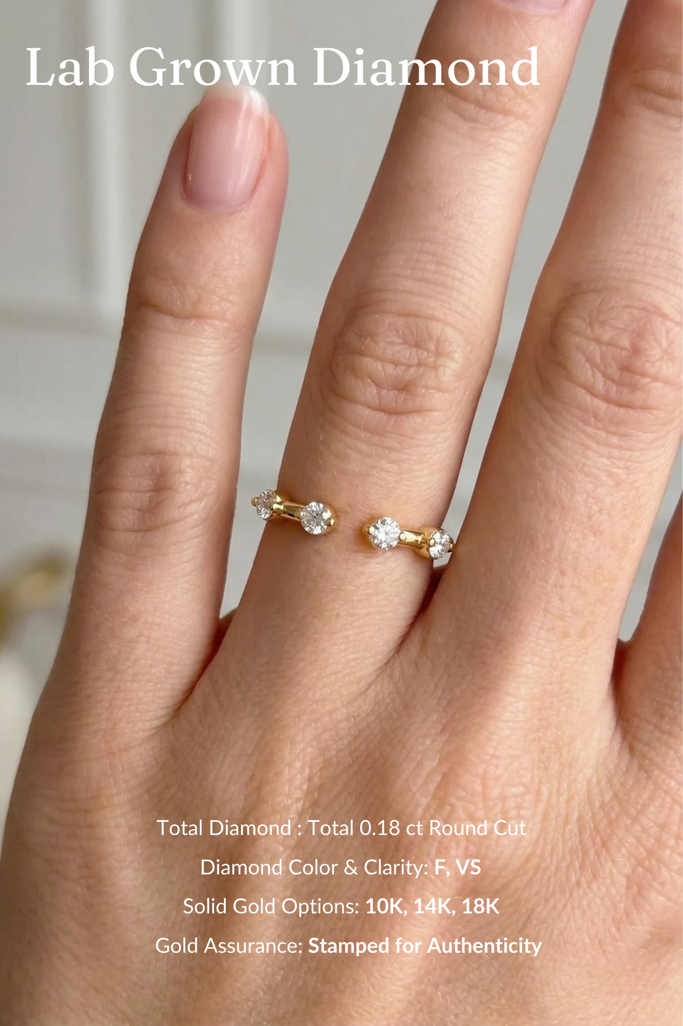 Open Cuff Diamond Band 0.18 CT, Dewdrop Diamond Ring, Minimalist Open Ring, Round Diamond Stackable Band, Dainty Gold Ring
