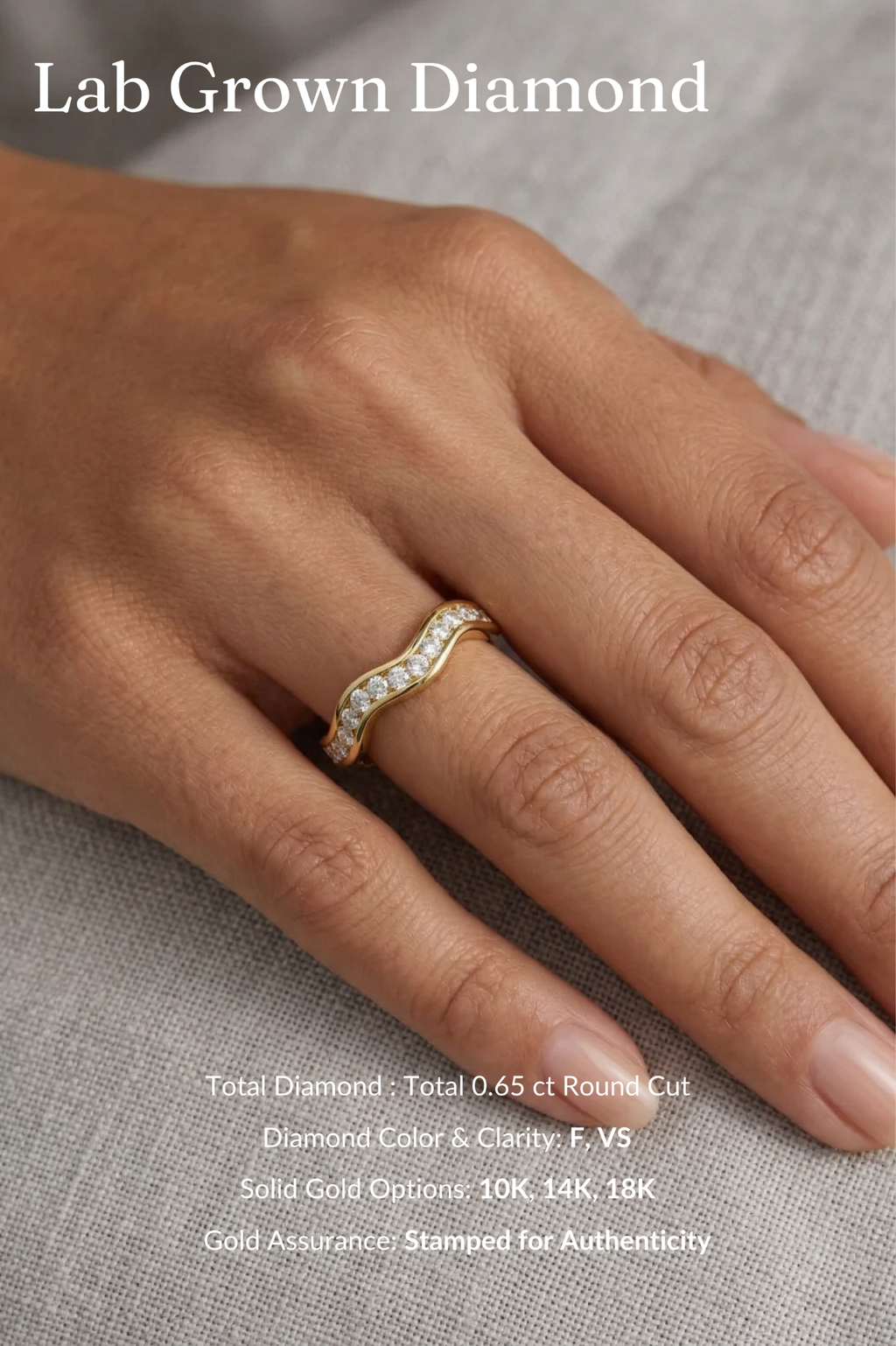 Pave Diamond Wave Band 0.65 CT, Curved Diamond Wedding Band, Wavy Stackable Ring, Round Diamond Band 2.8 mm, Curved Gold Band