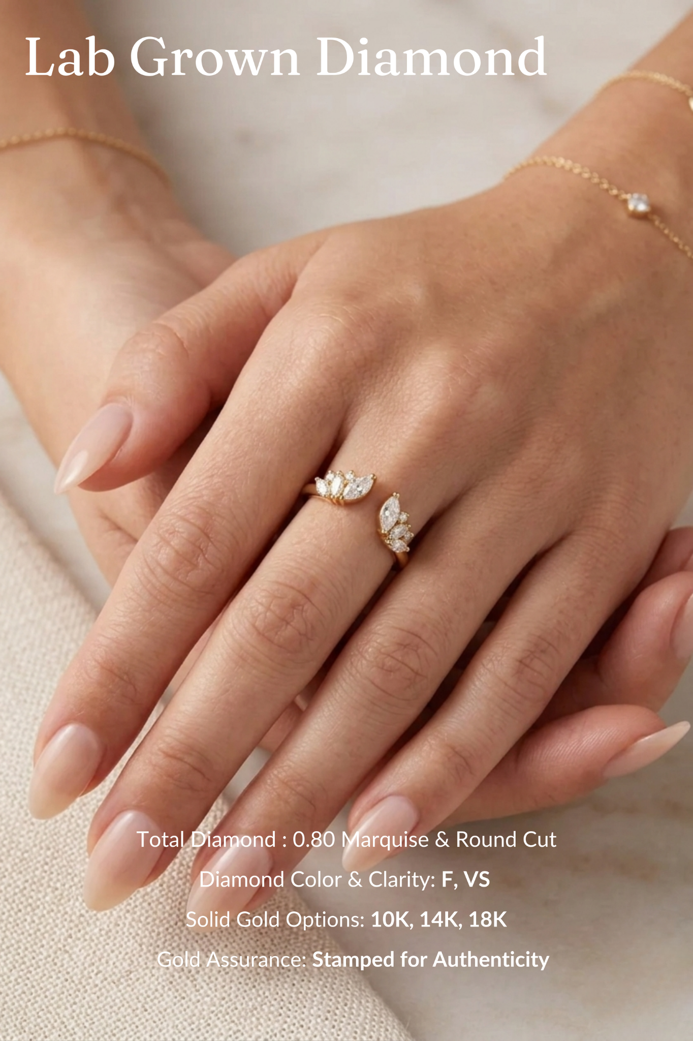 Open Cuff Diamond Stackable Band, Marquise and Round Diamond Band, Open Diamond Ring, Stackable Wedding Band, Gold Diamond Ring