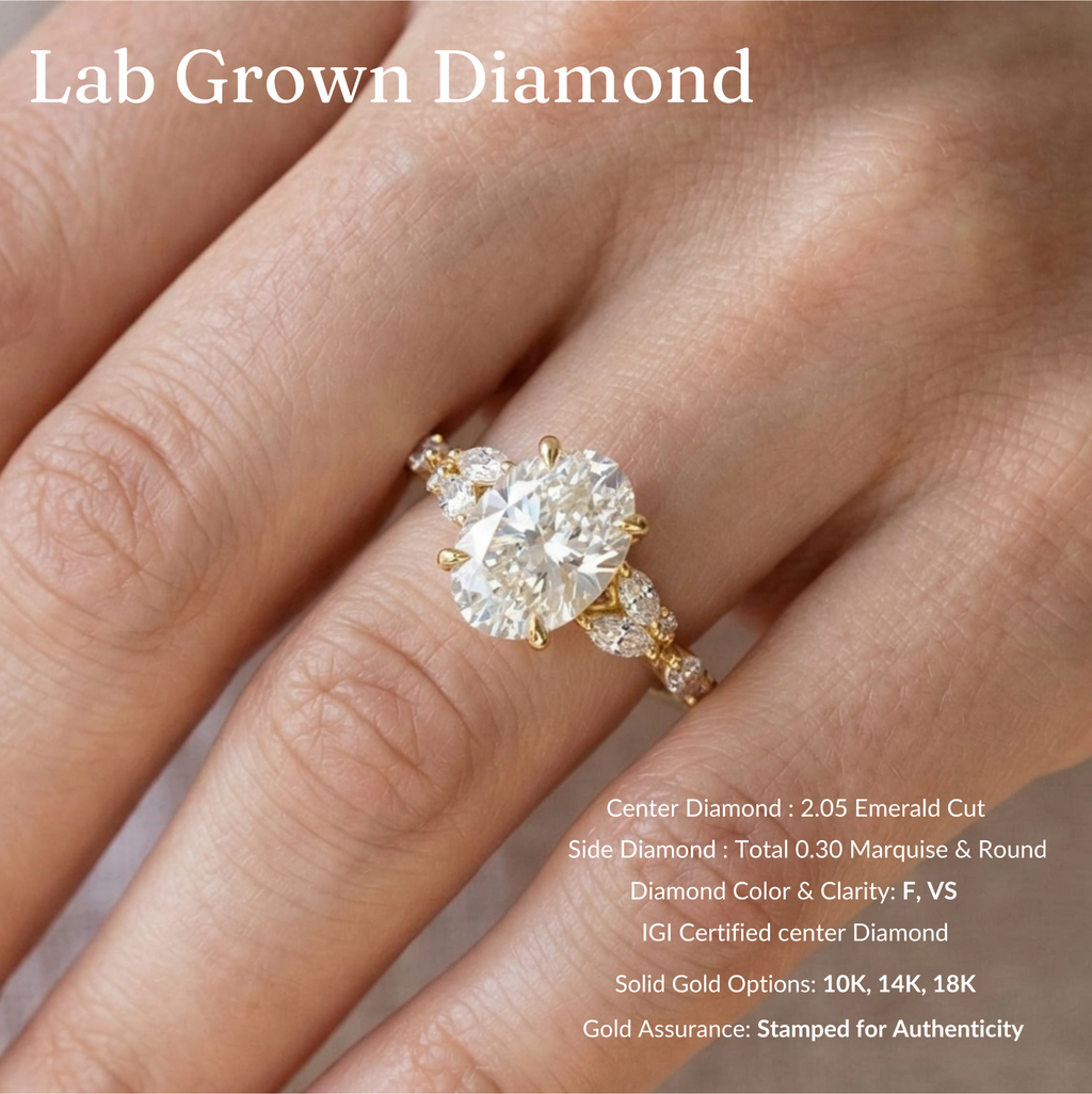 Oval Diamond Engagement Ring, Oval Cut Diamond Ring with Marquise & Round Side Diamonds, Diamond Accent Ring, Gold Diamond Ring