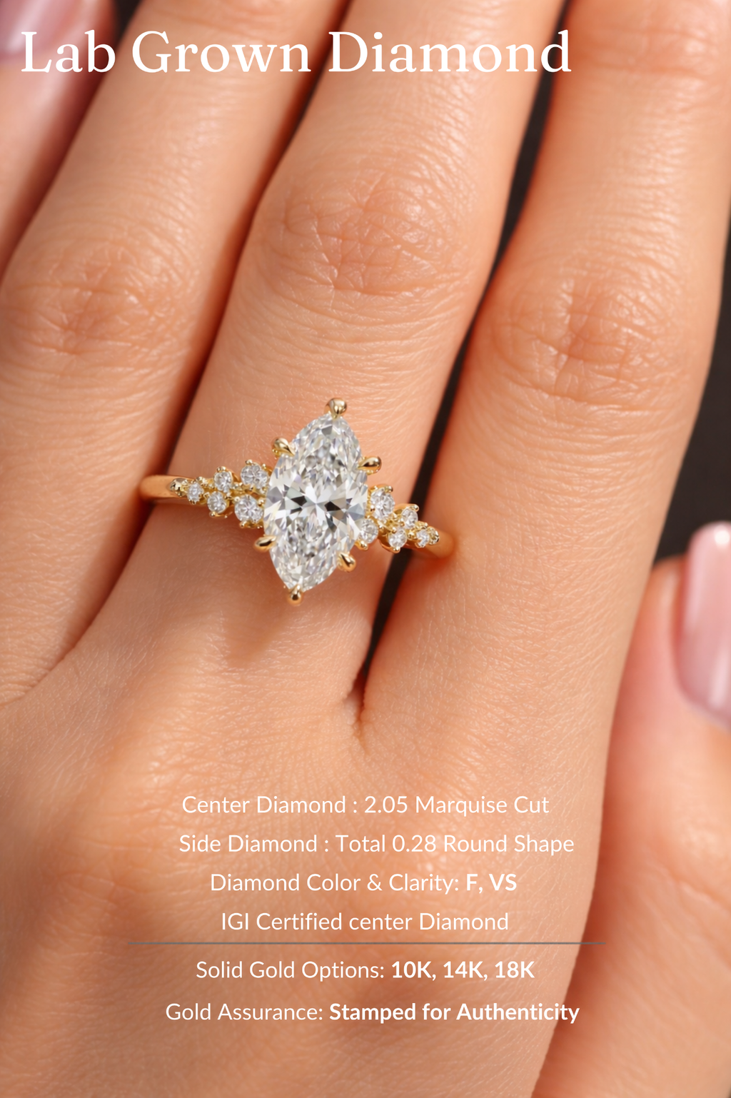 Marquise Diamond Engagement Ring 2.05 Carat, Cluster Diamond Ring, Lab Grown Diamond Ring, Gold Engagement Ring, Unique Bridal Ring
